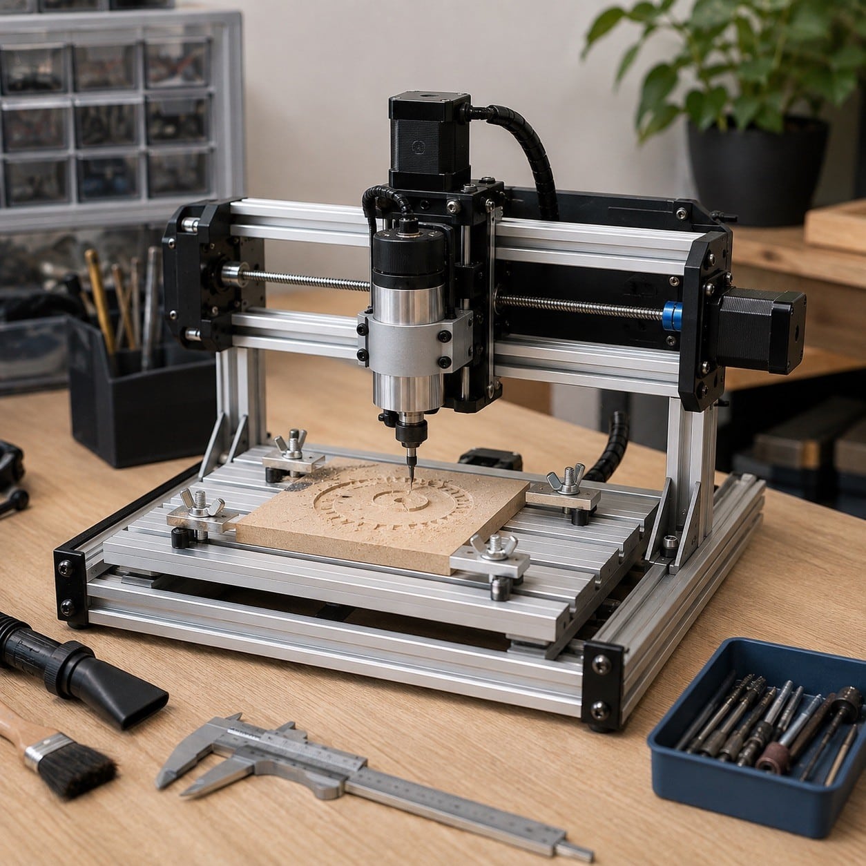 Máquina CNC 3018 compacta sobre un banco de trabajo