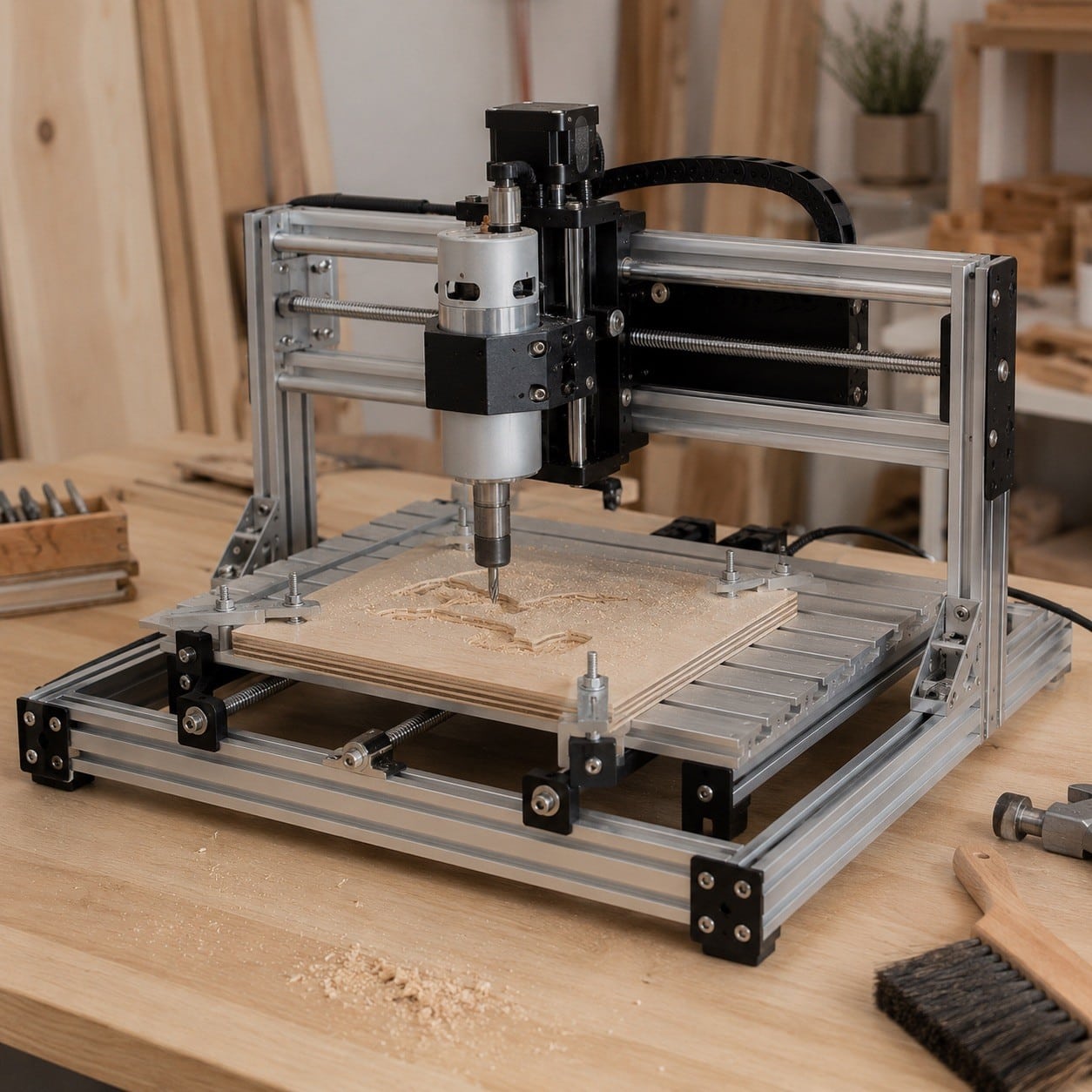 Máquina CNC 3018 de sobremesa mecanizando una pequeña pieza de madera