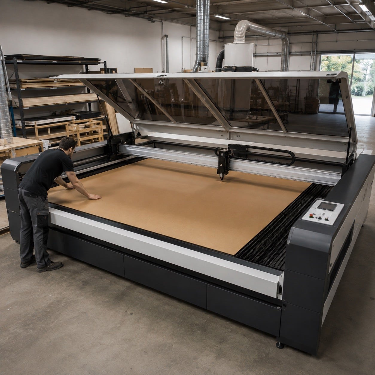 Cortadora láser de gran formato con una plancha grande sobre la mesa