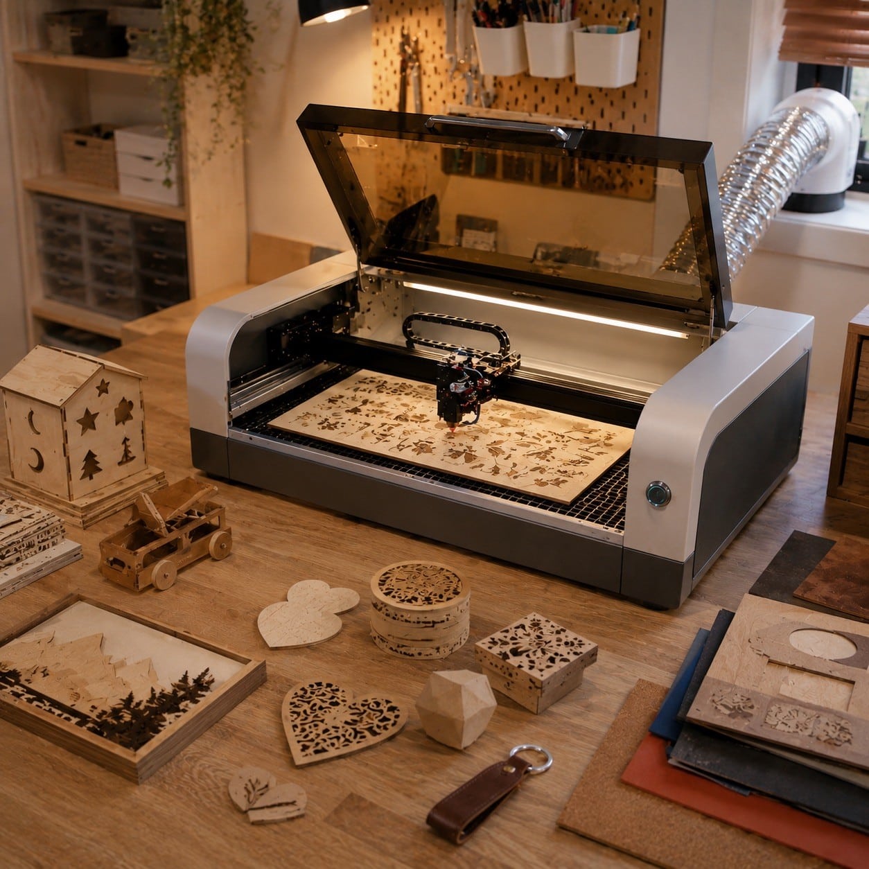 Cortadora láser hobby en un pequeño taller doméstico