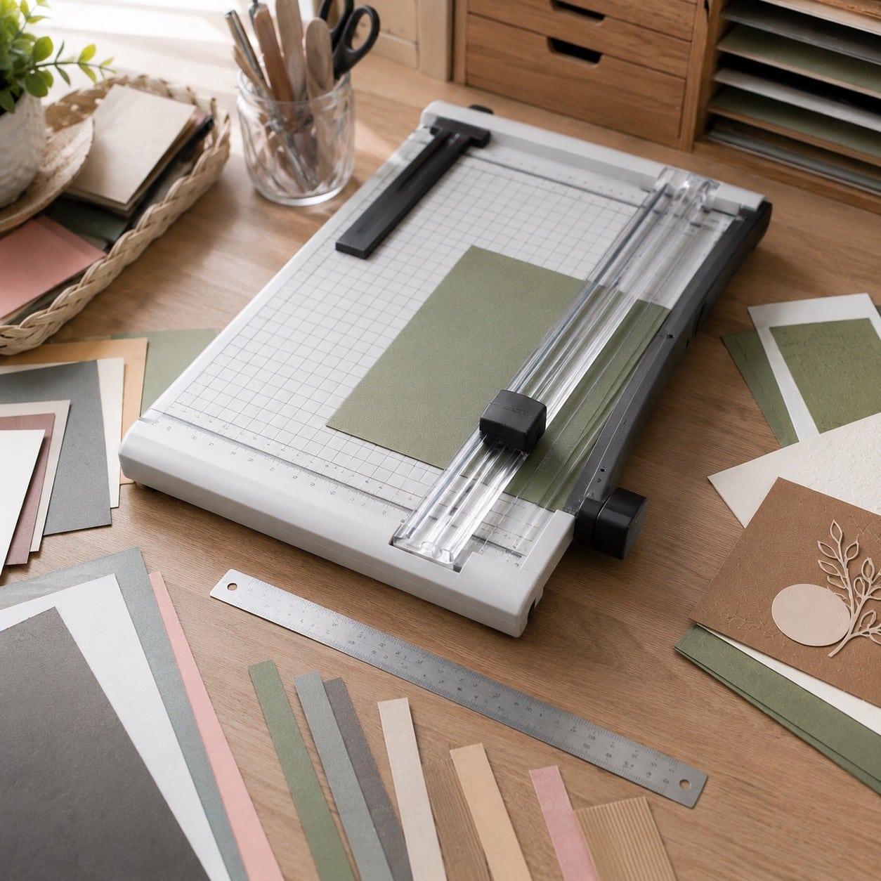Cortadora manual utilizada para cortar cartulinas de colores