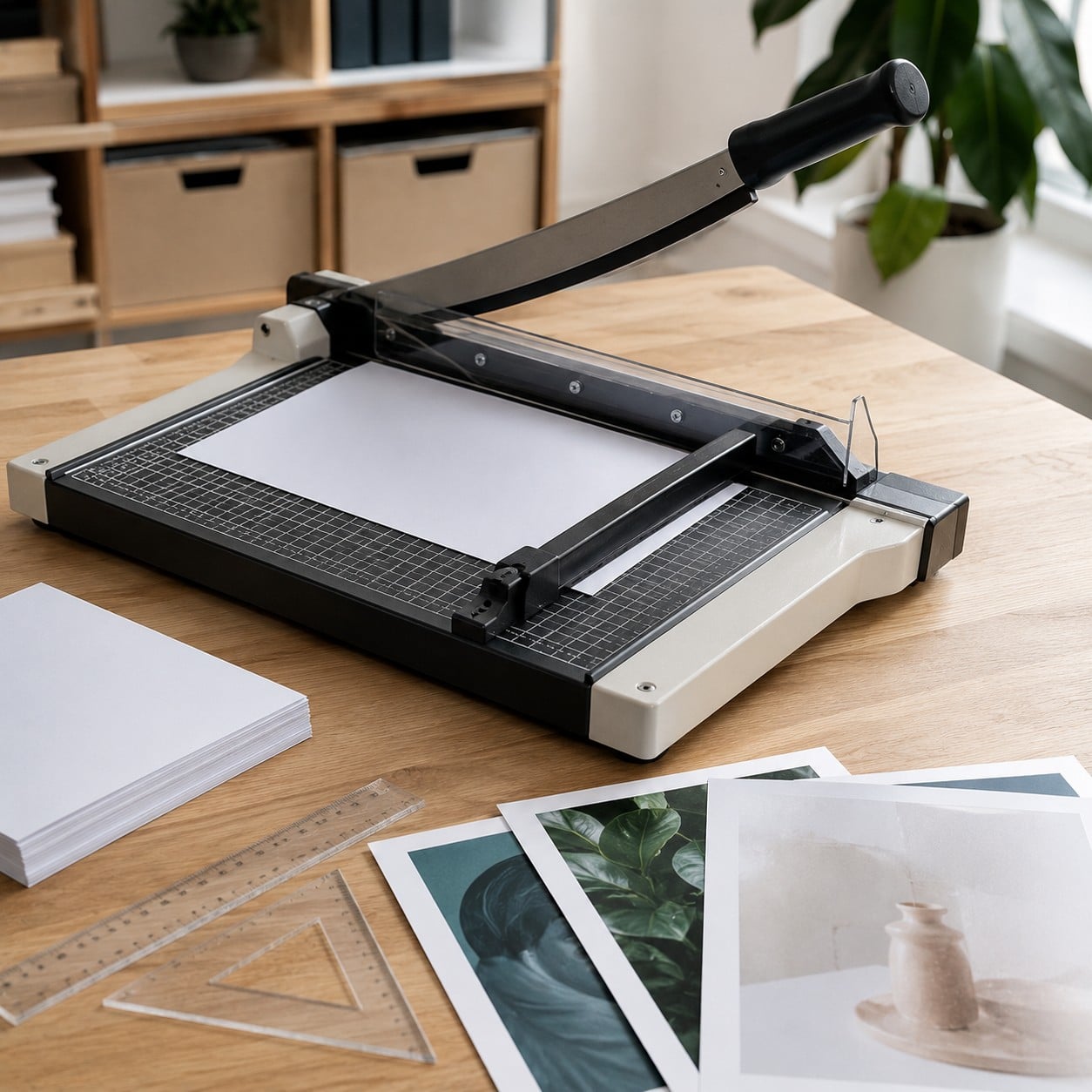 Cortadora manual para papel con hojas alineadas sobre una mesa