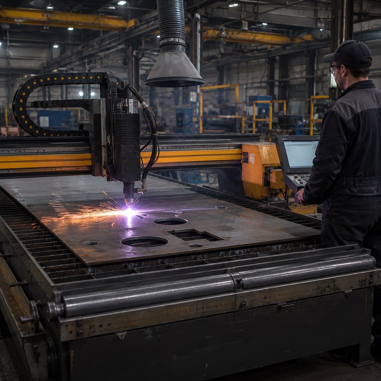 Sistema industrial de corte por plasma CNC en una fábrica
