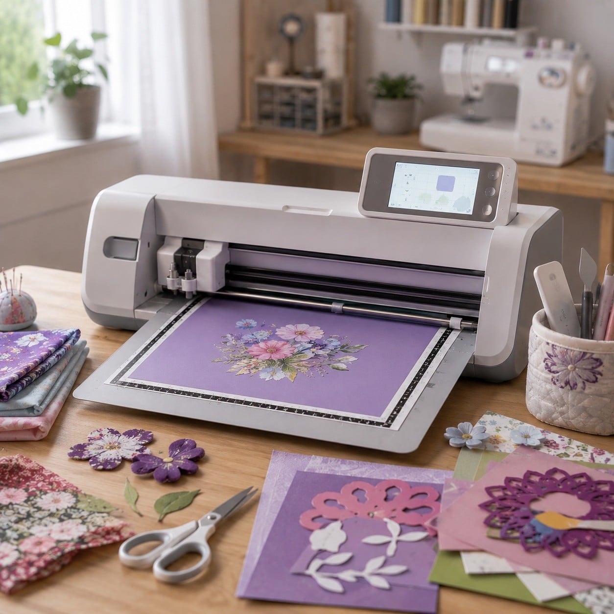 Máquina de corte digital con escáner inspirada en Brother ScanNCut junto a papel y tela