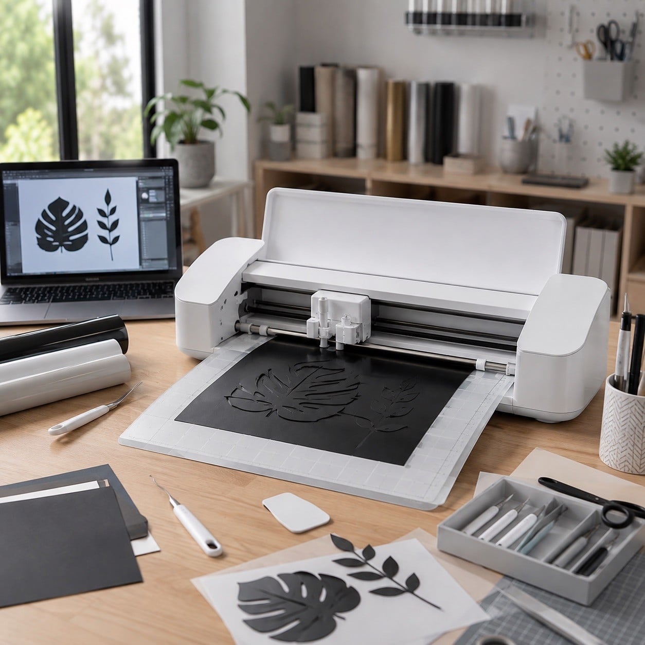 Máquina de corte digital inspirada en Silhouette trabajando con vinilo en un taller creativo