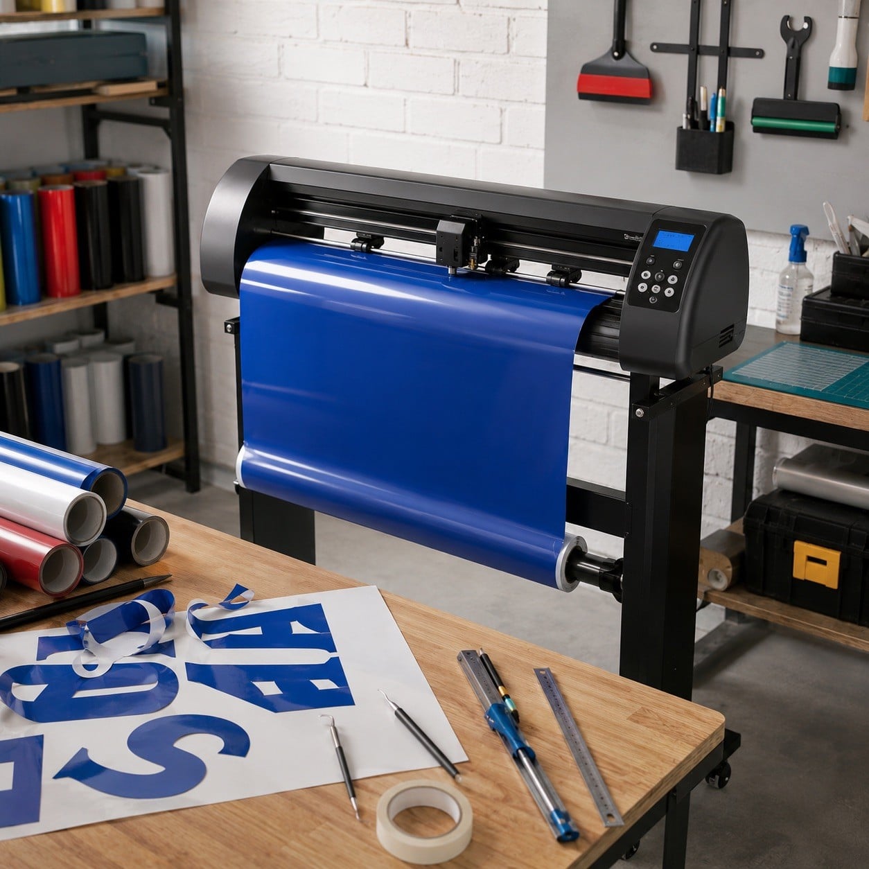 Plotter de corte de vinilo inspirado en VEVOR en un taller de rotulación