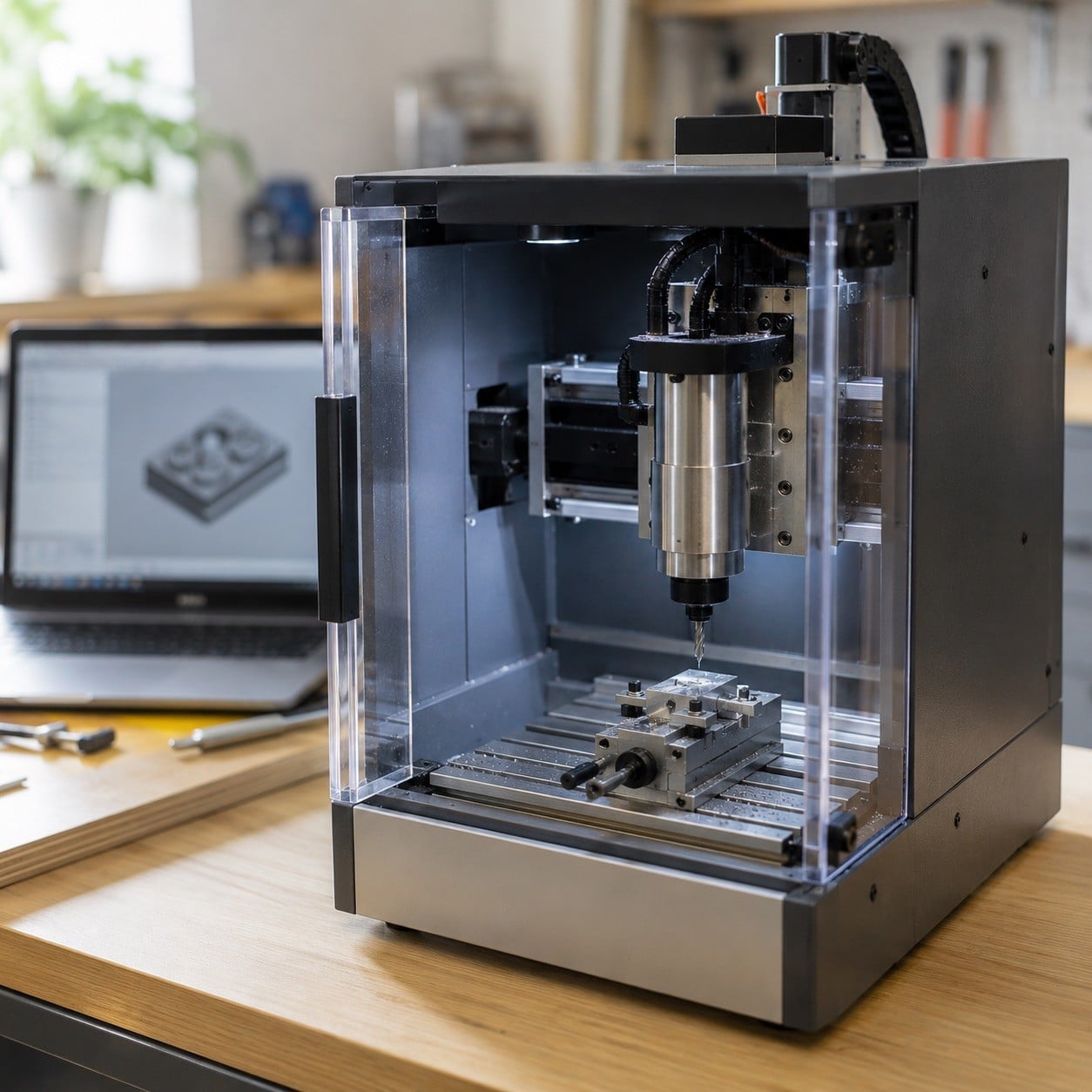 Fresadora CNC de sobremesa compacta en un banco de trabajo