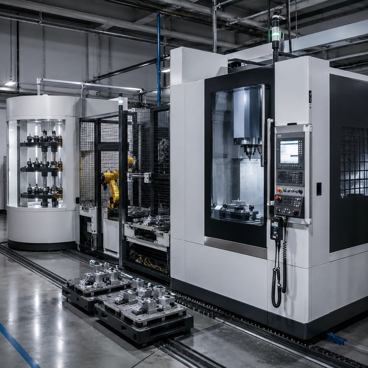Fresadora CNC industrial integrada en una planta de producción