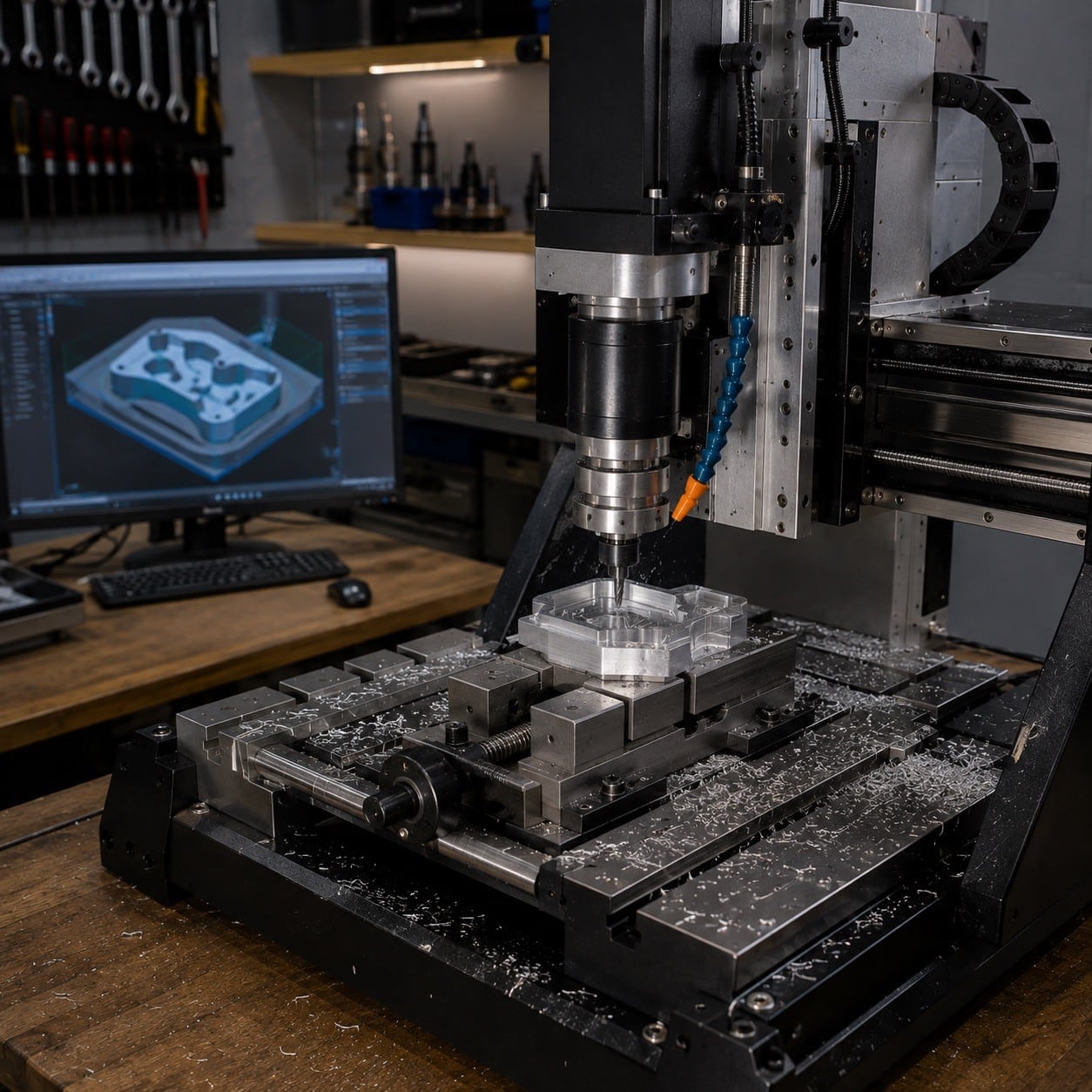 Fresadora CNC compacta mecanizando una pieza de aluminio en mordaza