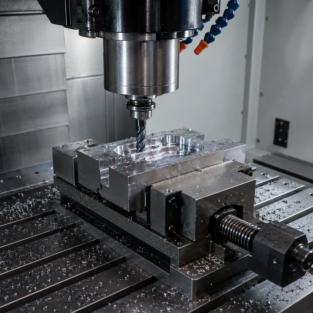 Fresadora CNC para metal mecanizando una pieza sujeta en mordaza