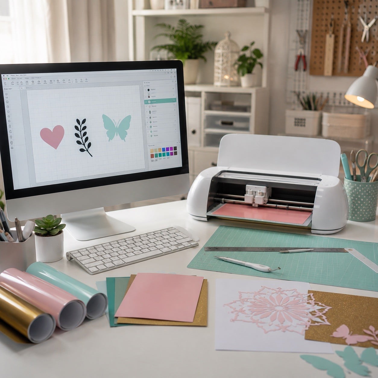 Ordenador con software de diseño junto a un plotter de corte para proyectos tipo Cricut