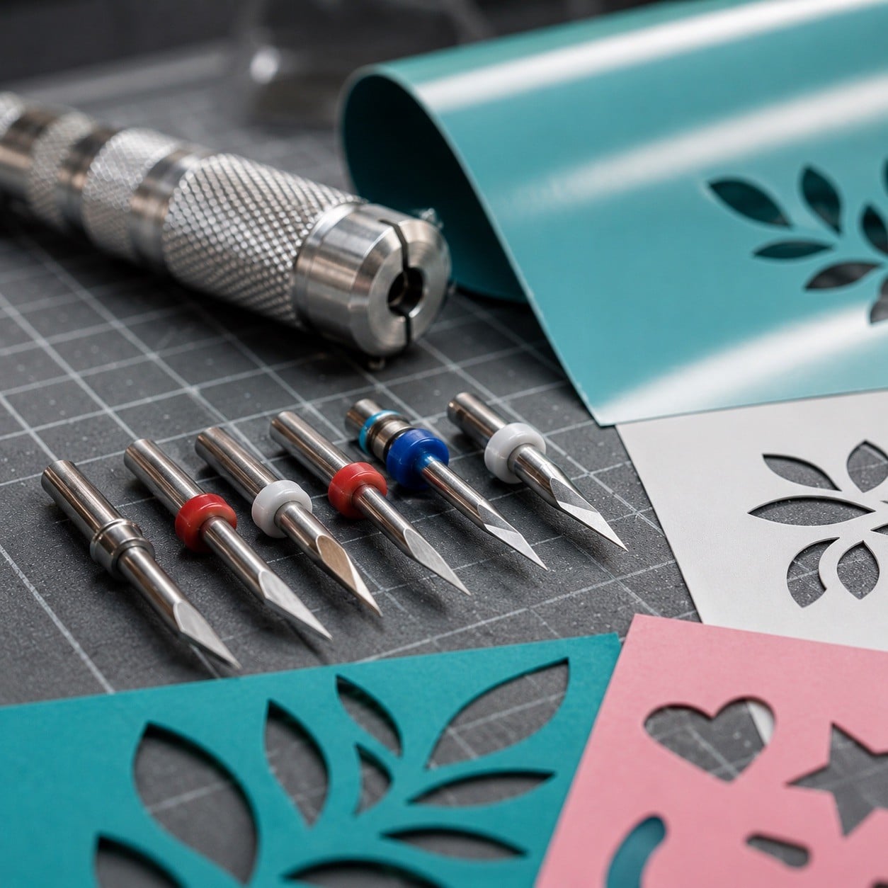 Cuchillas de precisión para plotter de corte junto a materiales de vinilo y cartulina