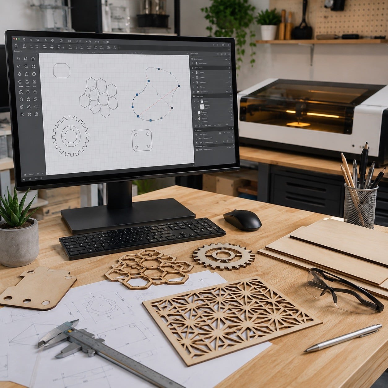 Editor vectorial con nodos y piezas de madera preparadas para corte láser