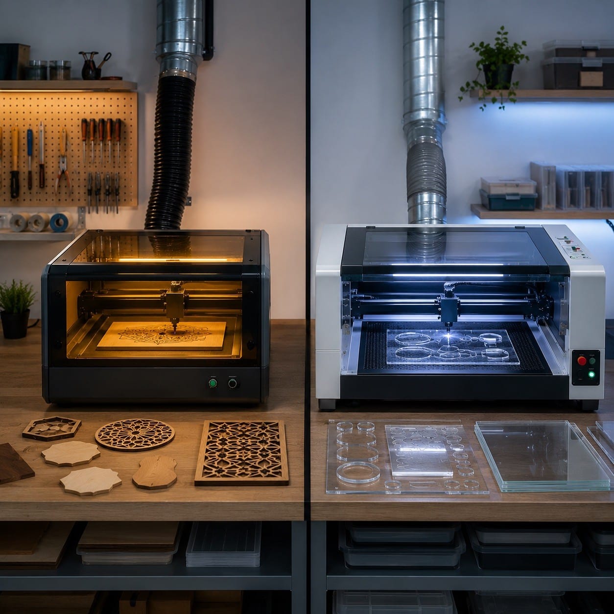 Comparativa visual entre un láser de diodo y un láser CO₂ en un taller de fabricación digital