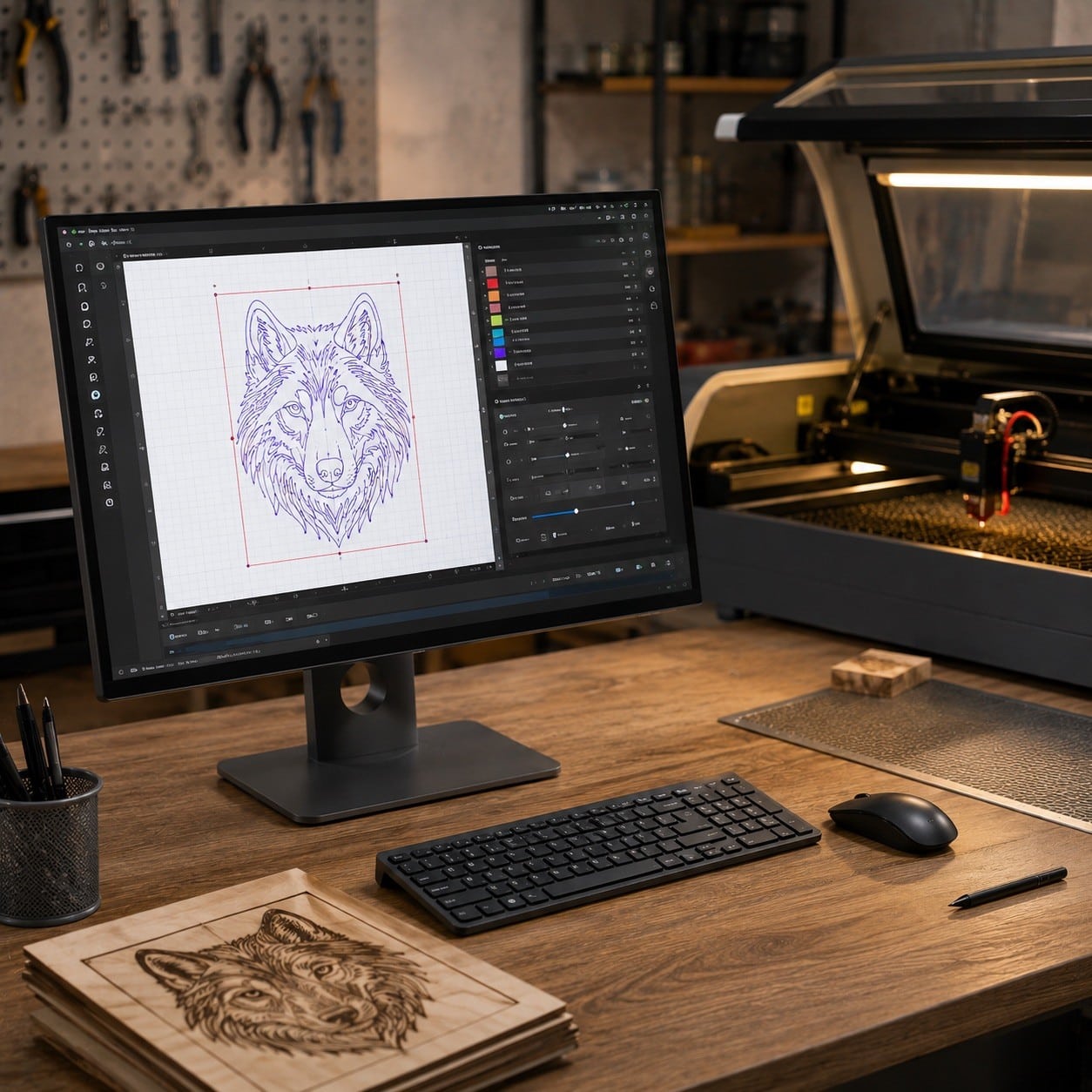 Ordenador con software de diseño y control para preparar trabajos de corte y grabado láser