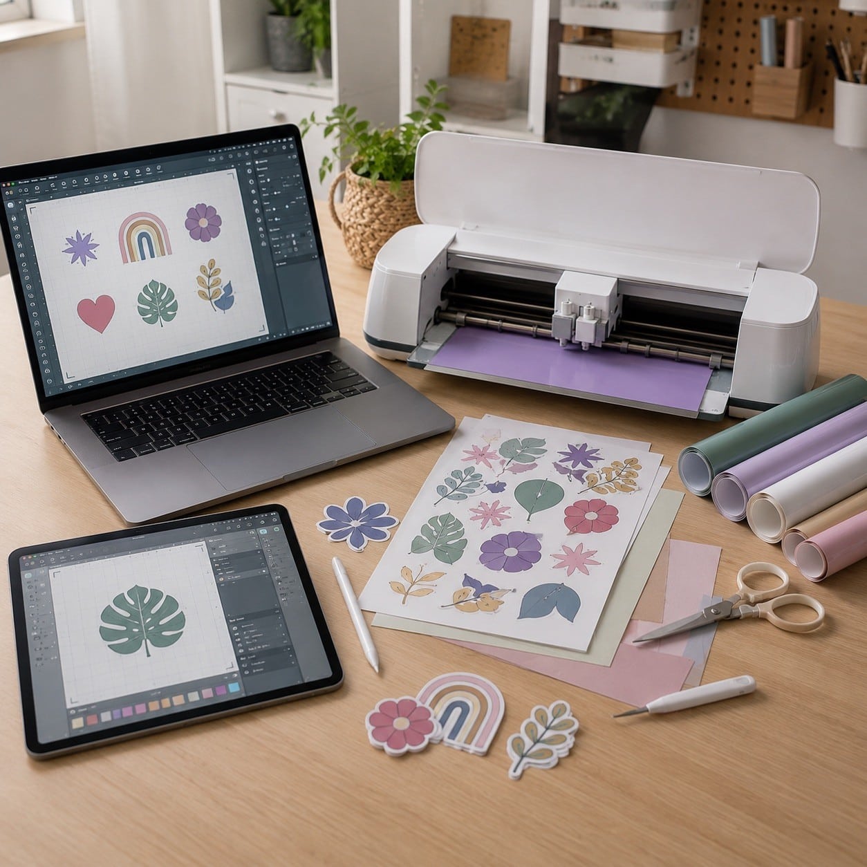 Espacio creativo con software de diseño y cortadora de vinilo tipo LOKLiK
