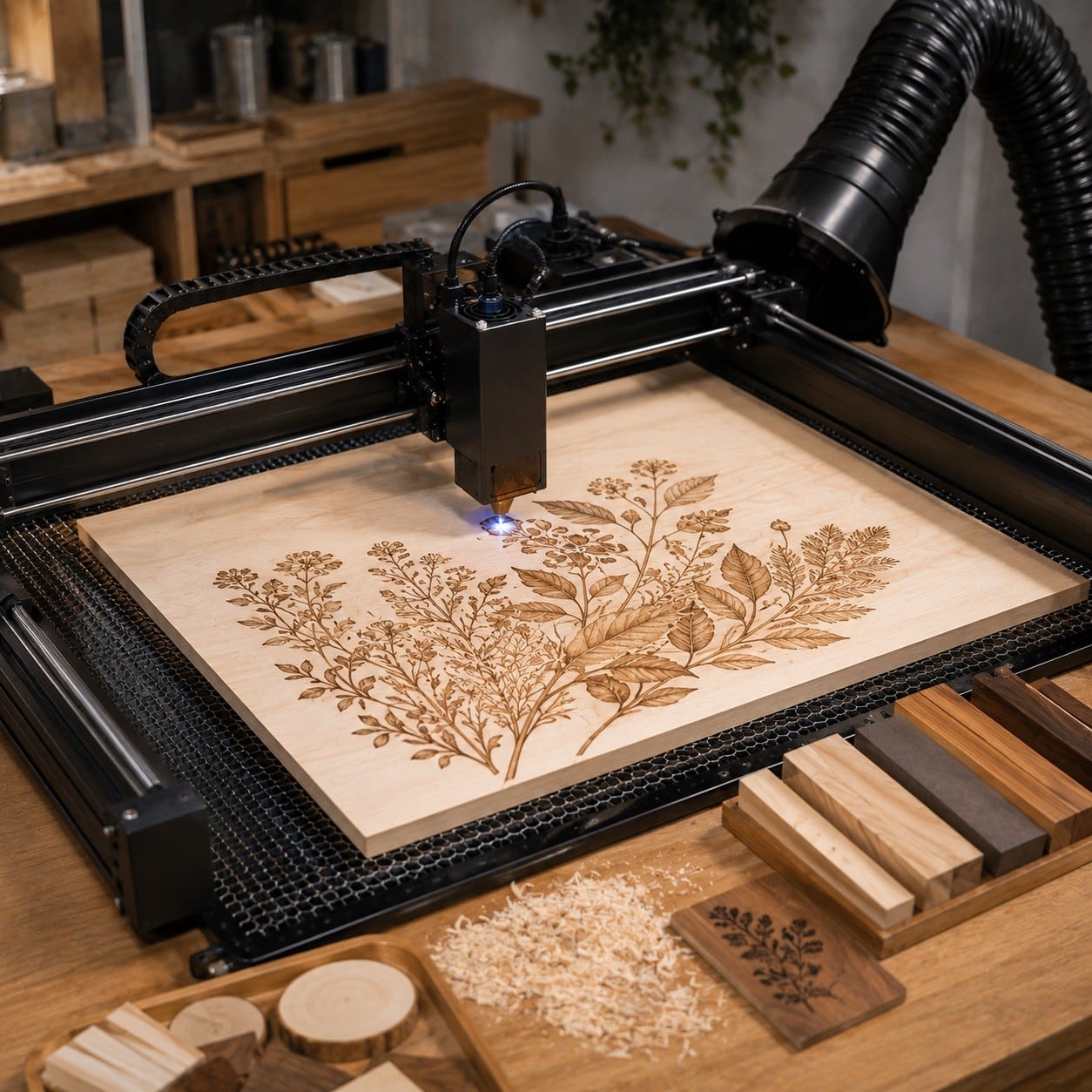 Grabadora láser realizando un diseño detallado sobre madera
