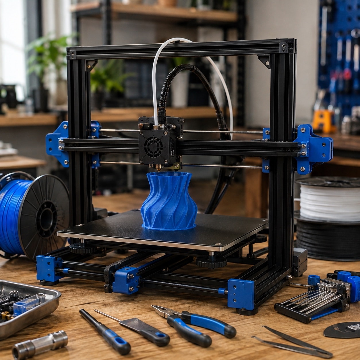 Impresora 3D abierta con estructura y mecanismos visibles durante una impresión