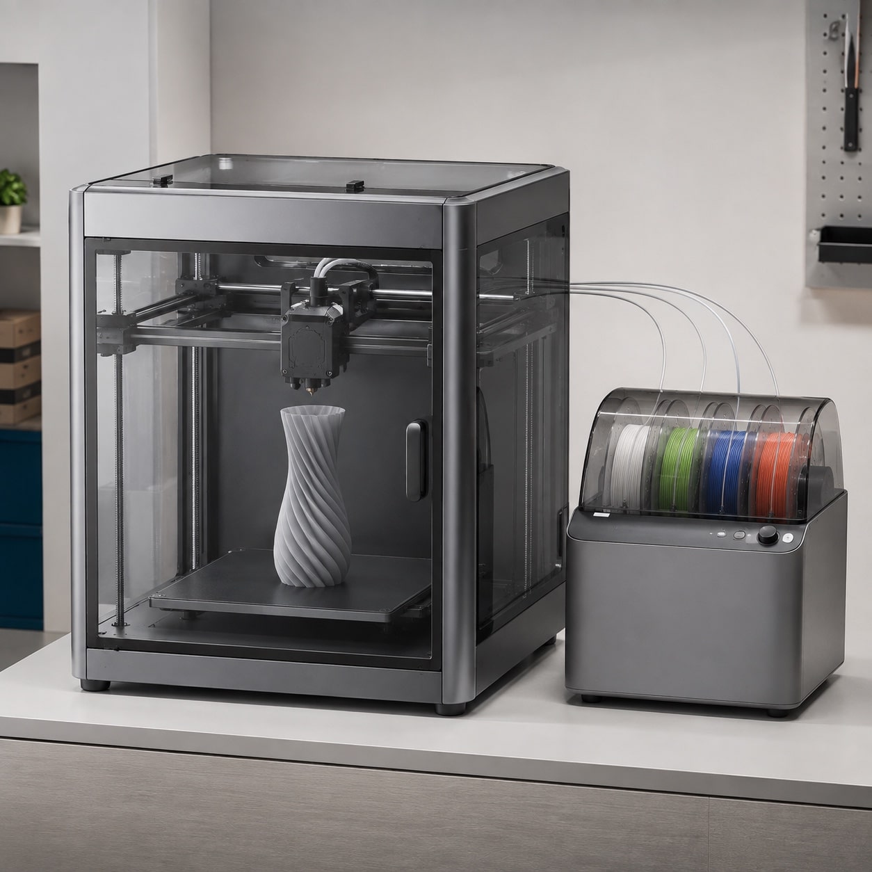 Impresora 3D moderna inspirada en el enfoque de Bambu Lab con sistema multicolor