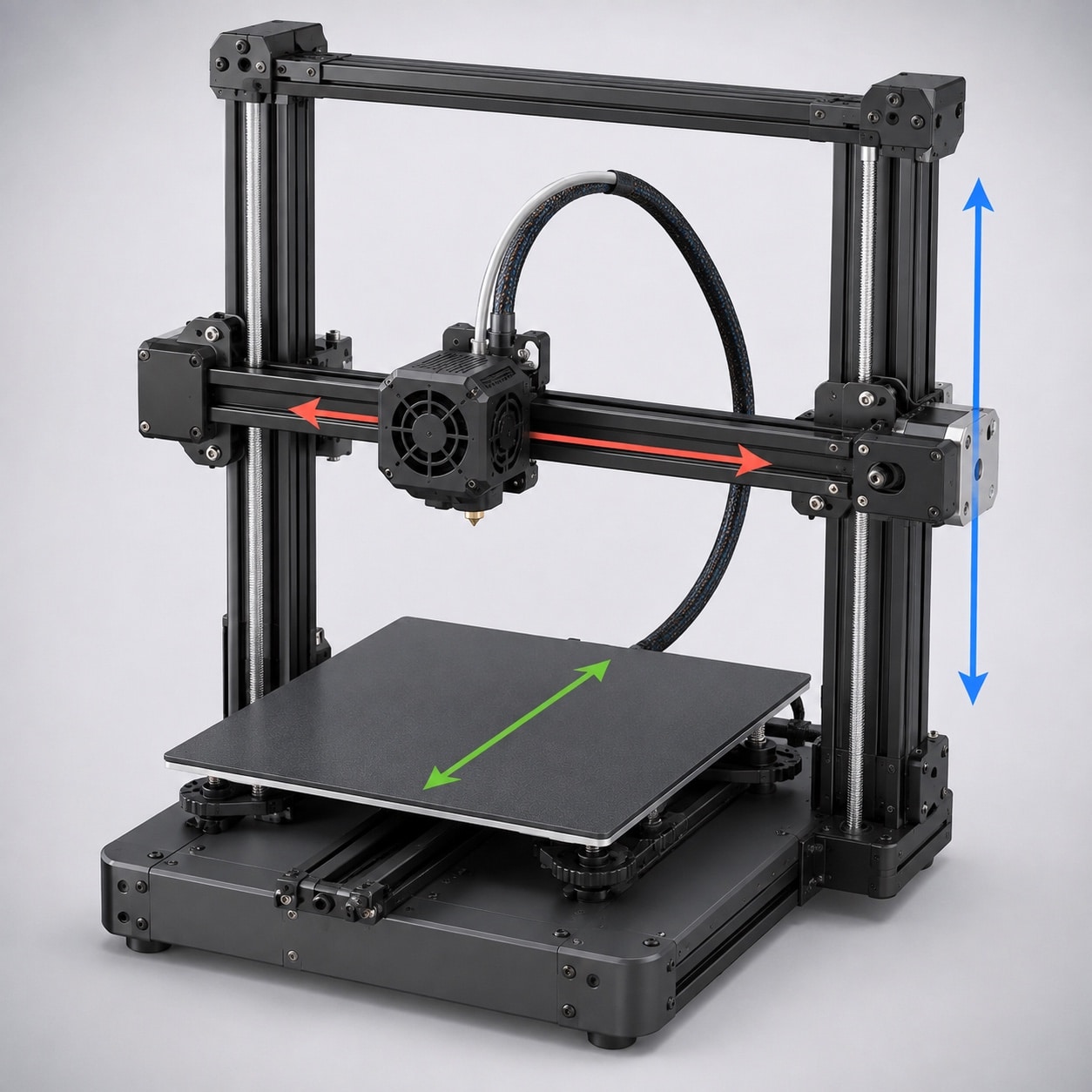 Impresora 3D cartesiana con cama rectangular, pórtico y ejes lineales visibles