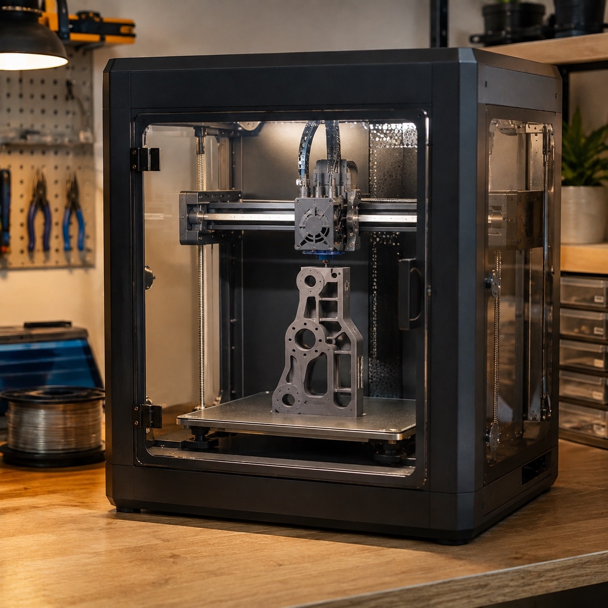 Impresora 3D cerrada con paneles transparentes mientras fabrica una pieza técnica