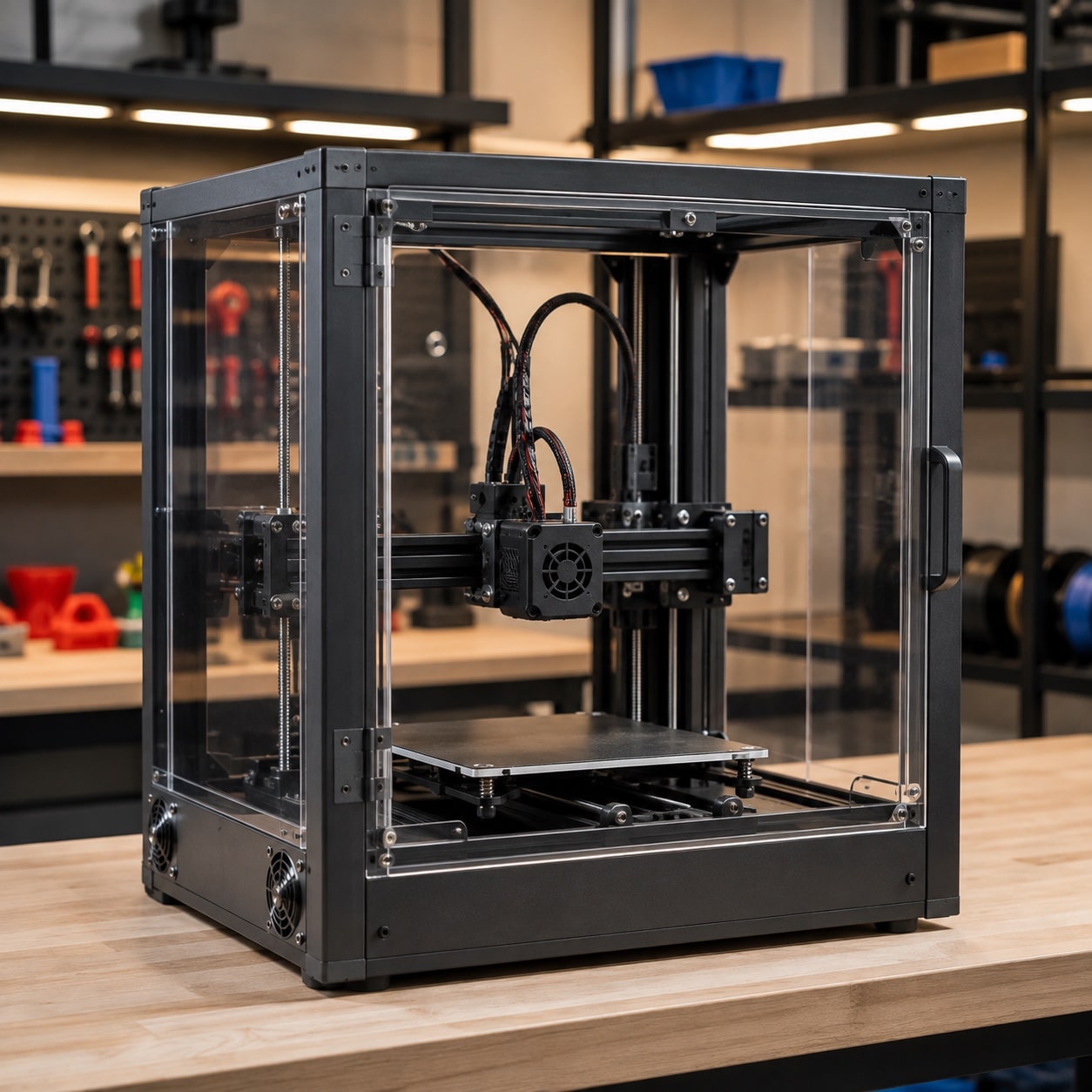 Impresora 3D instalada dentro de un cerramiento de paneles transparentes
