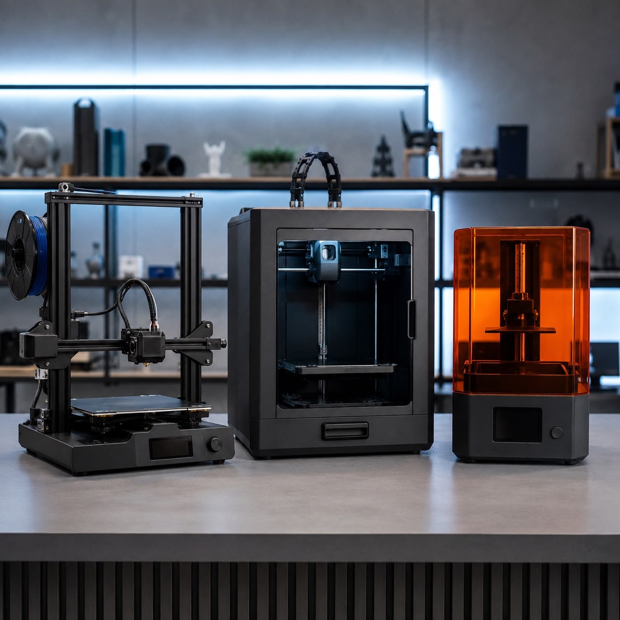 Accesorios y componentes CNC organizados sobre un banco de taller