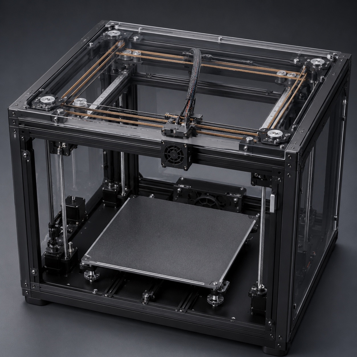 Impresora 3D CoreXY con bastidor cúbico y recorrido de correas del plano XY visible