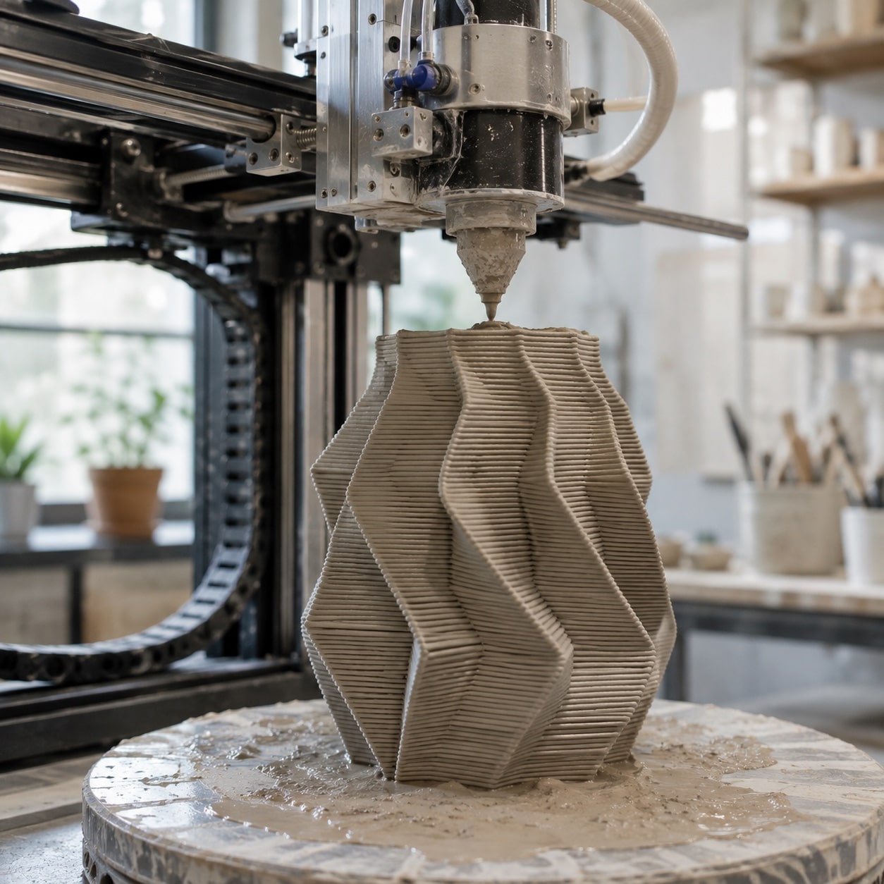 Impresora 3D de cerámica extruyendo arcilla para fabricar un jarrón por capas