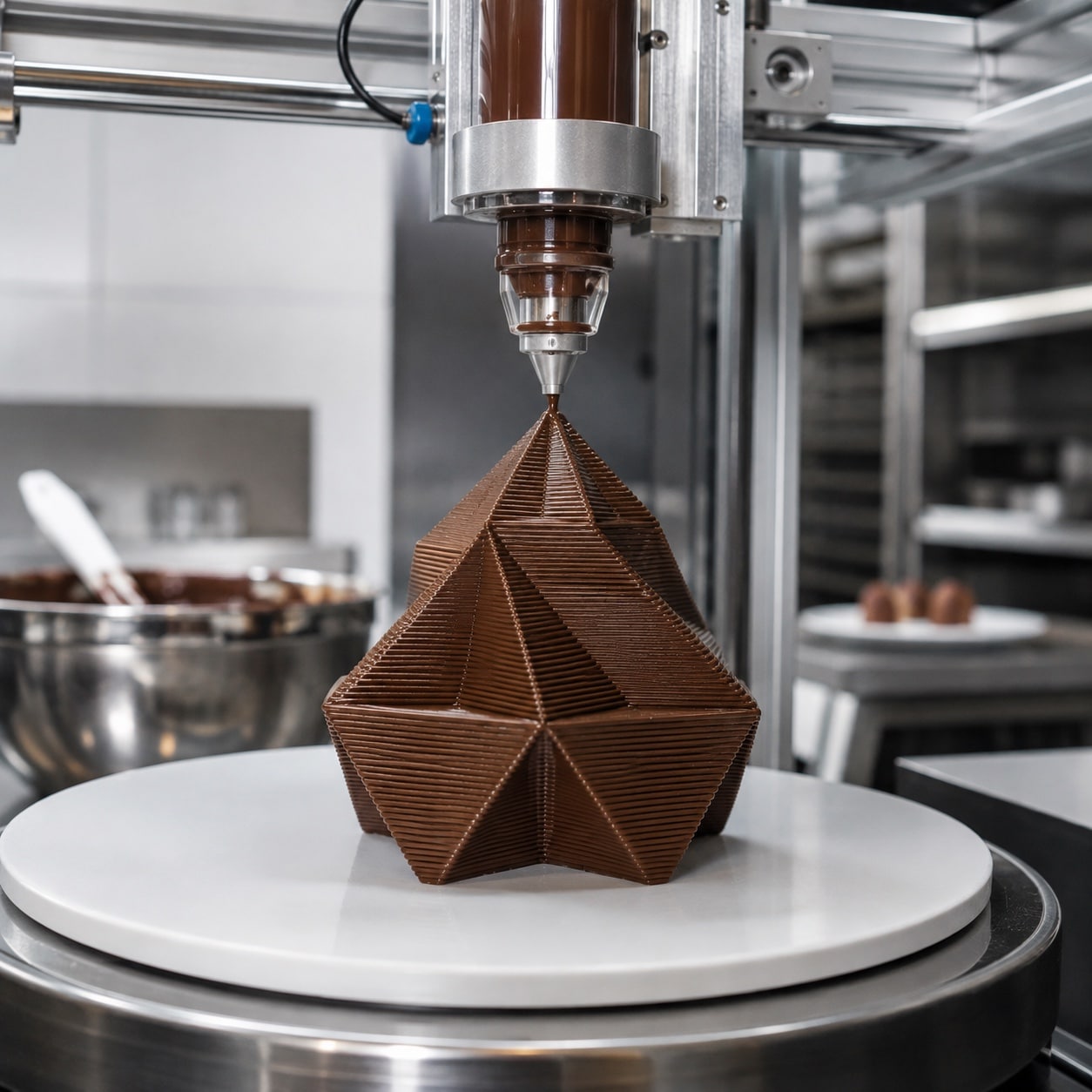 Impresora 3D de comida depositando chocolate para crear una figura comestible