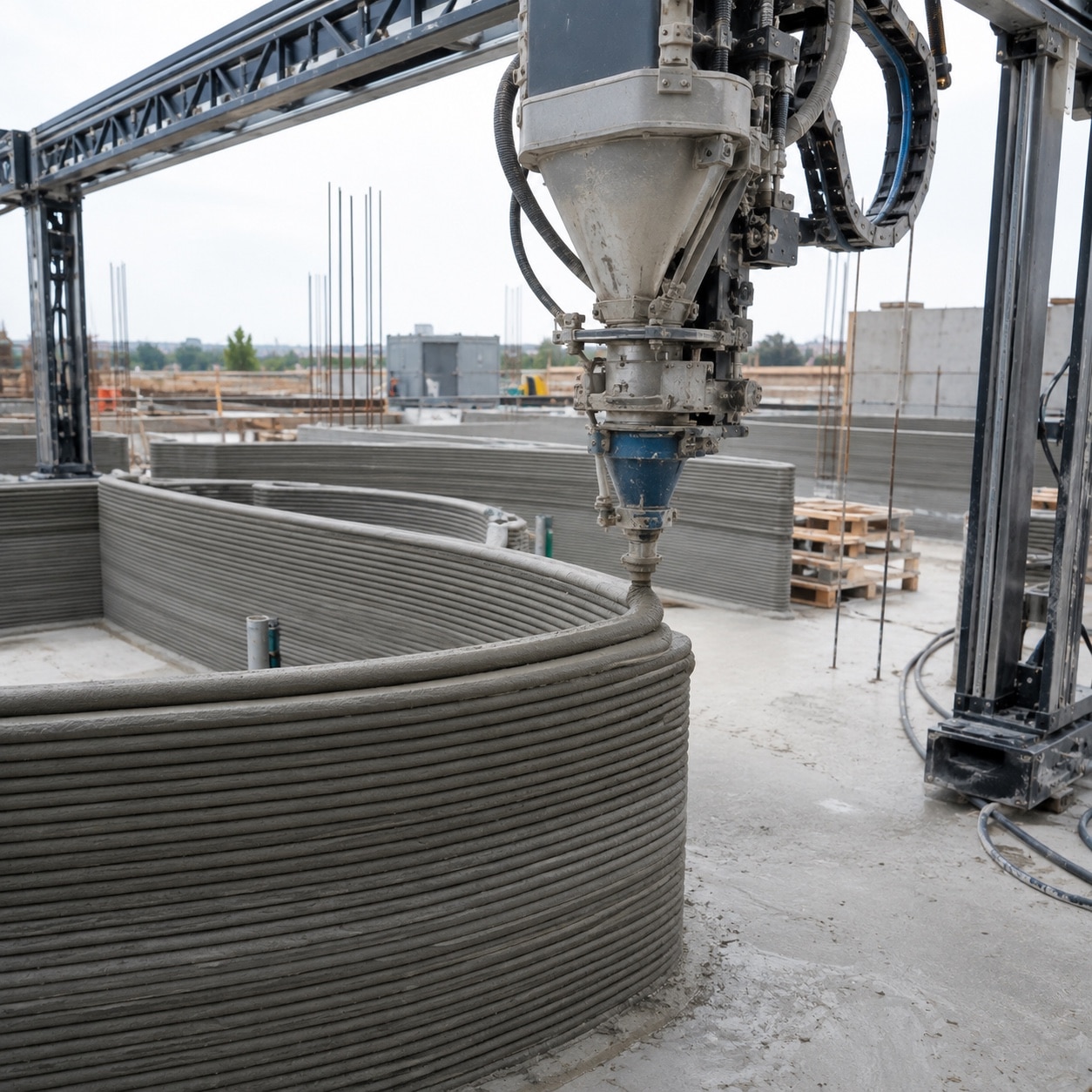 Impresora 3D de hormigón construyendo un muro mediante capas de mortero extruido