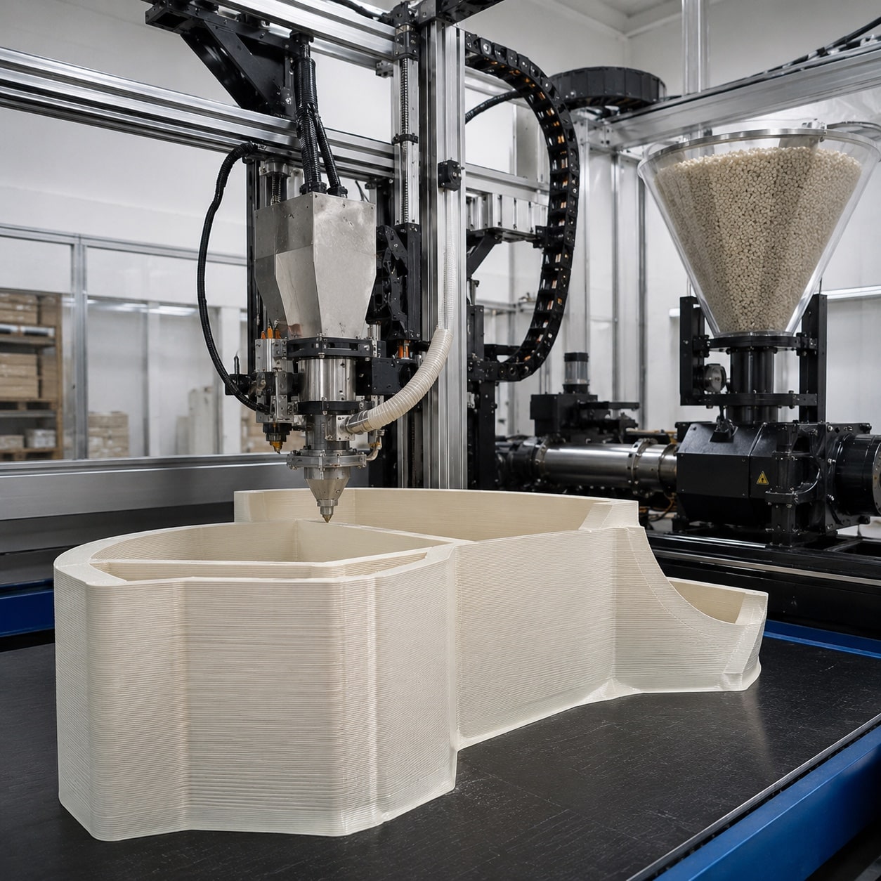 Impresora 3D de pellet fabricando una pieza plástica grande con extrusión de granza
