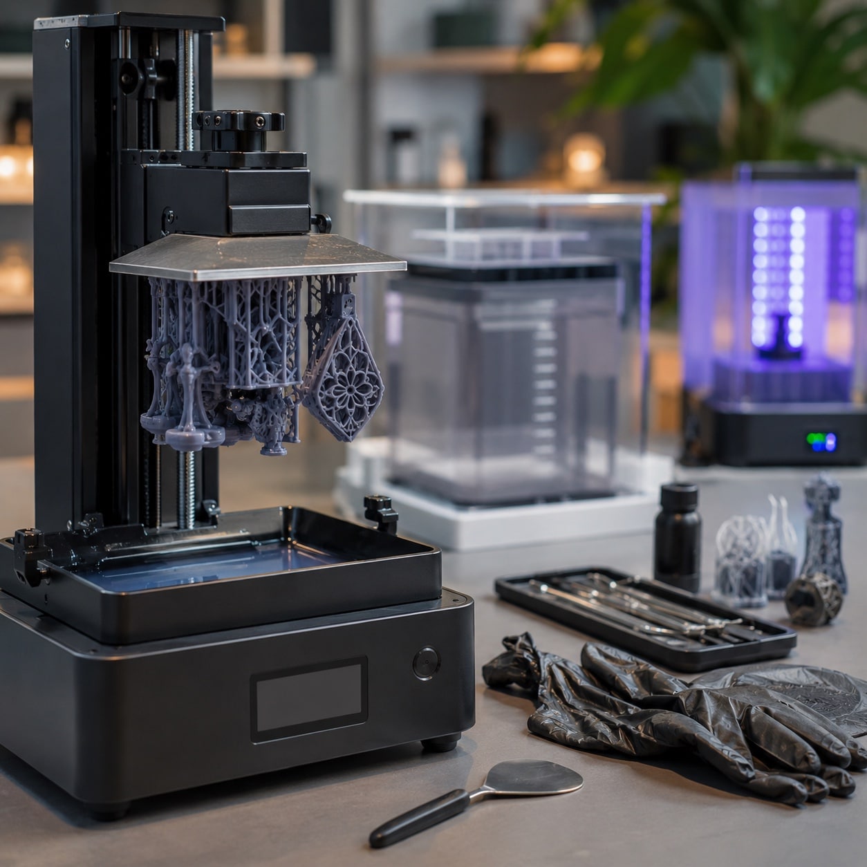 Impresora 3D de resina fabricando piezas detalladas