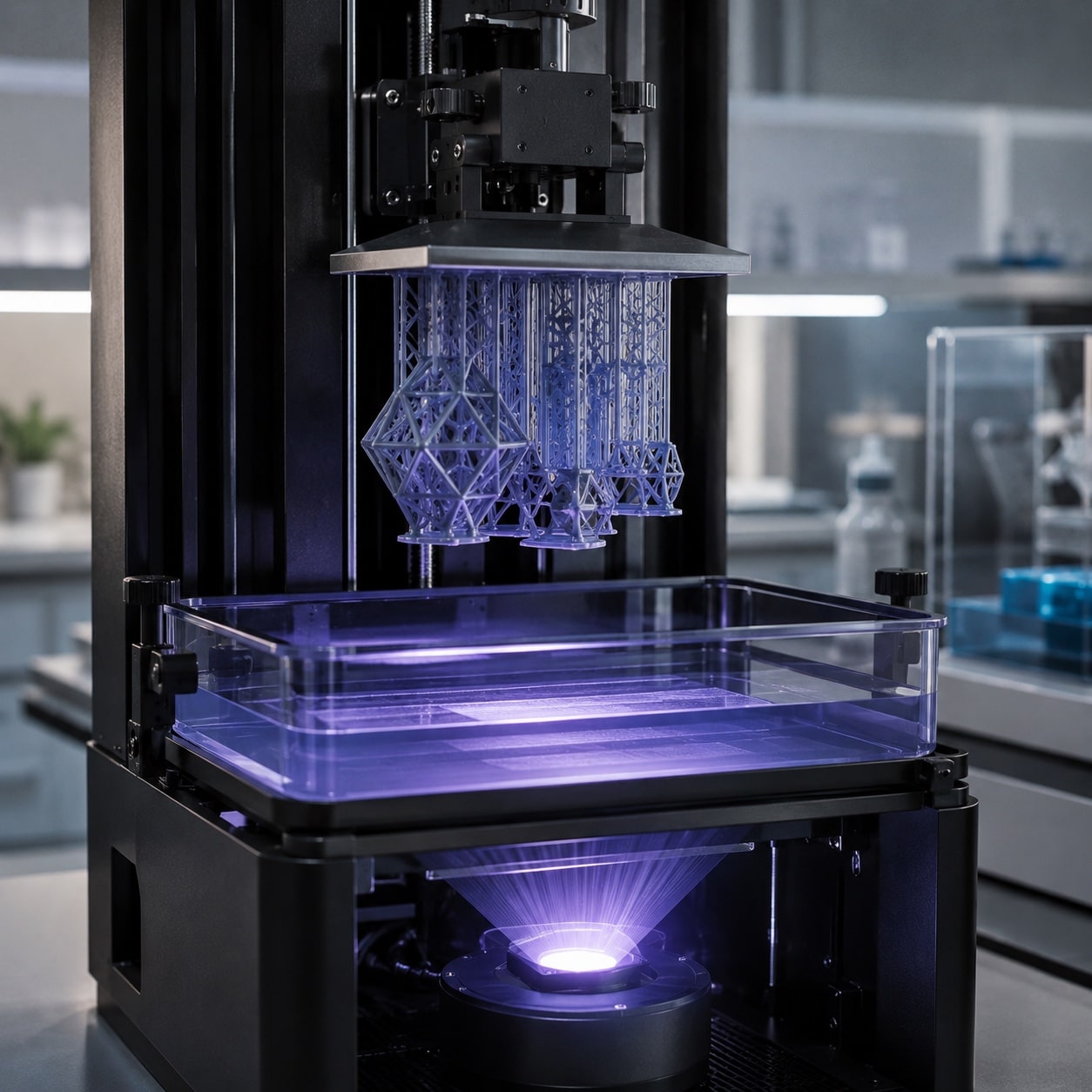 Impresora 3D DLP proyectando una capa sobre resina líquida