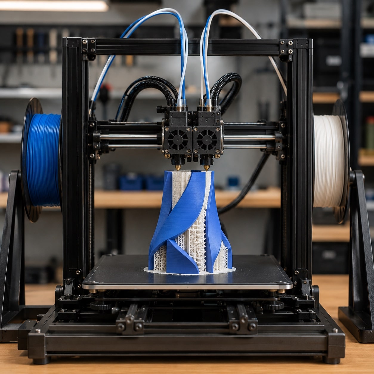 Impresora 3D de doble extrusor fabricando una pieza con dos materiales