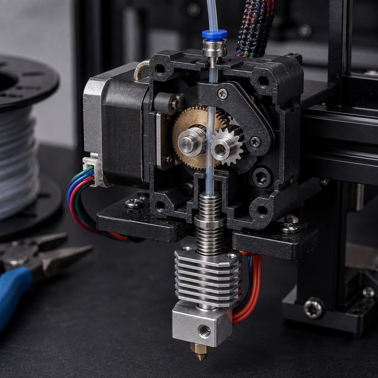 Extrusor de impresora 3D con engranajes de arrastre de filamento