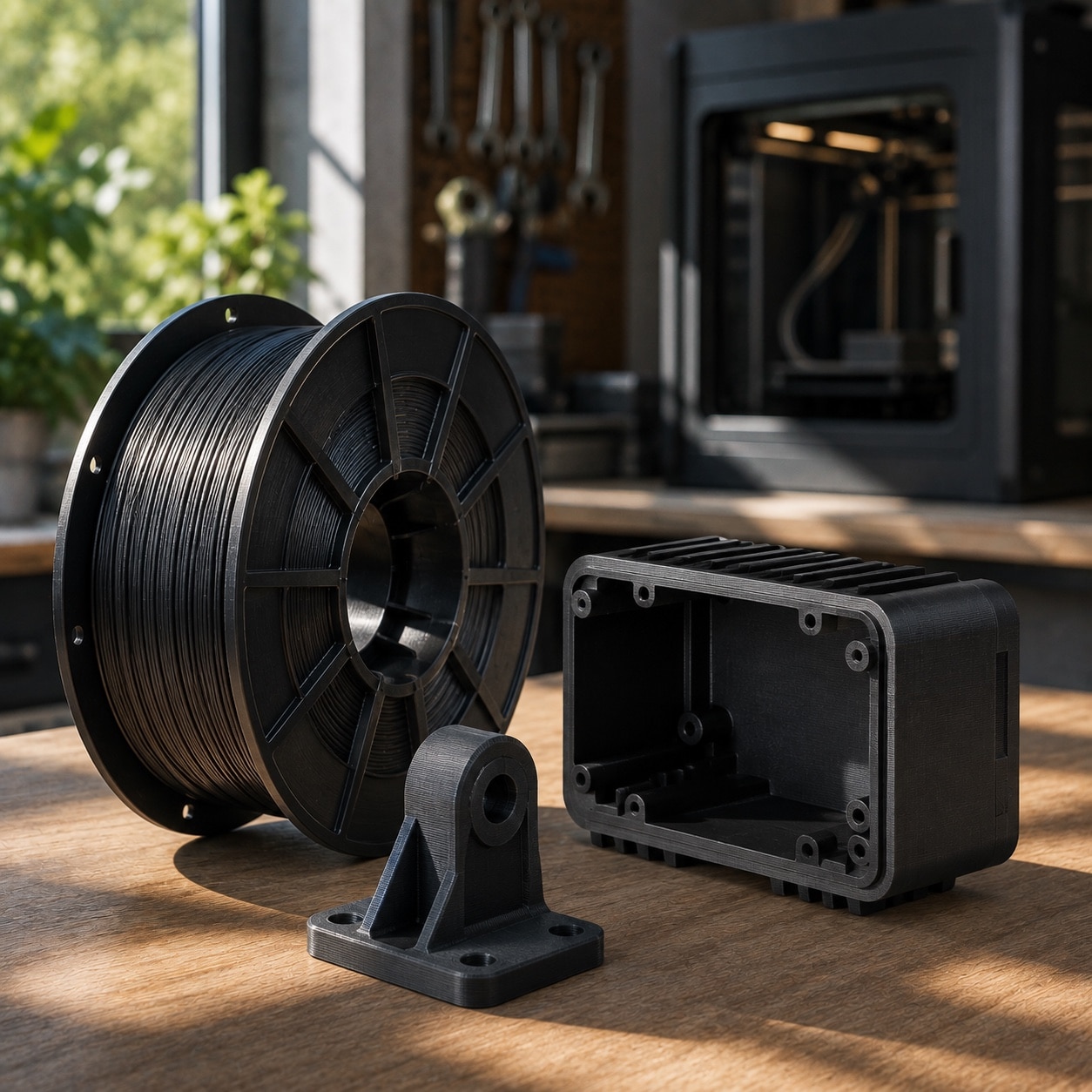 Bobina de ABS y pieza técnica en una impresora 3D cerrada