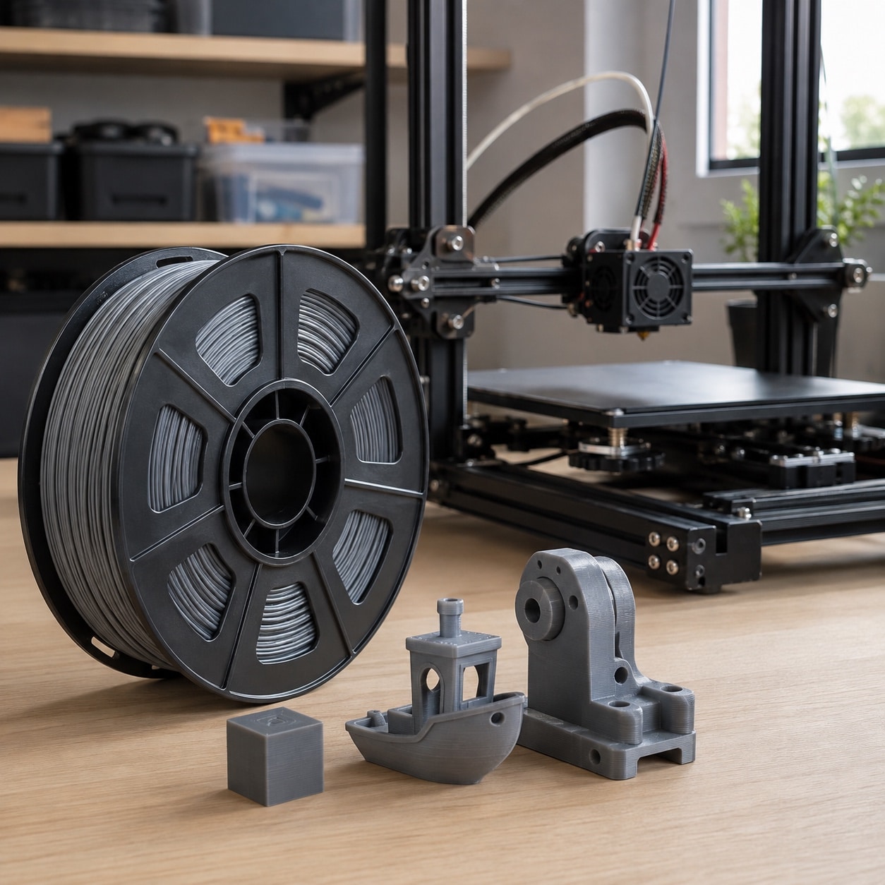 Bobina de filamento PLA y piezas impresas en 3D