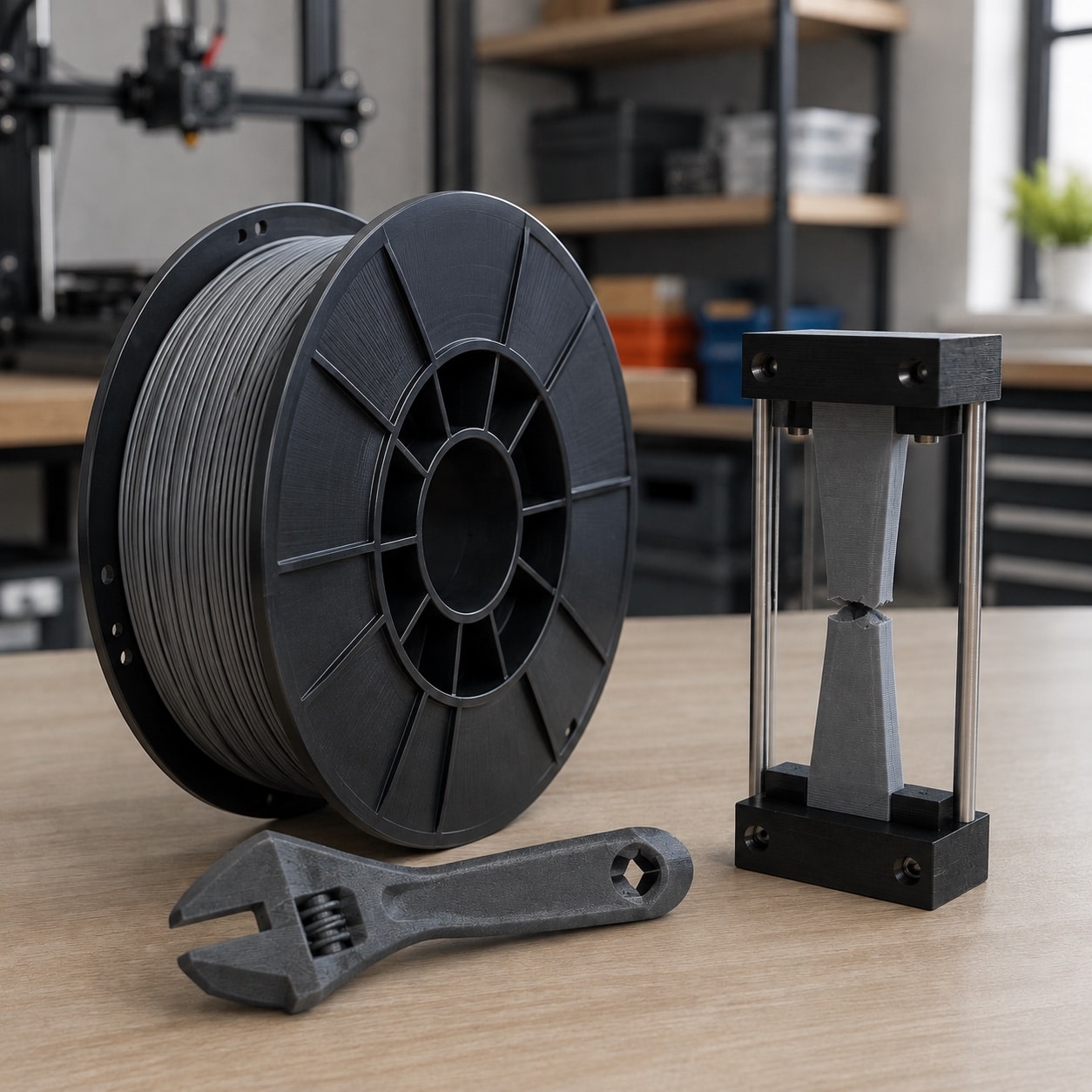 Filamento PLA+ junto a piezas funcionales impresas en 3D