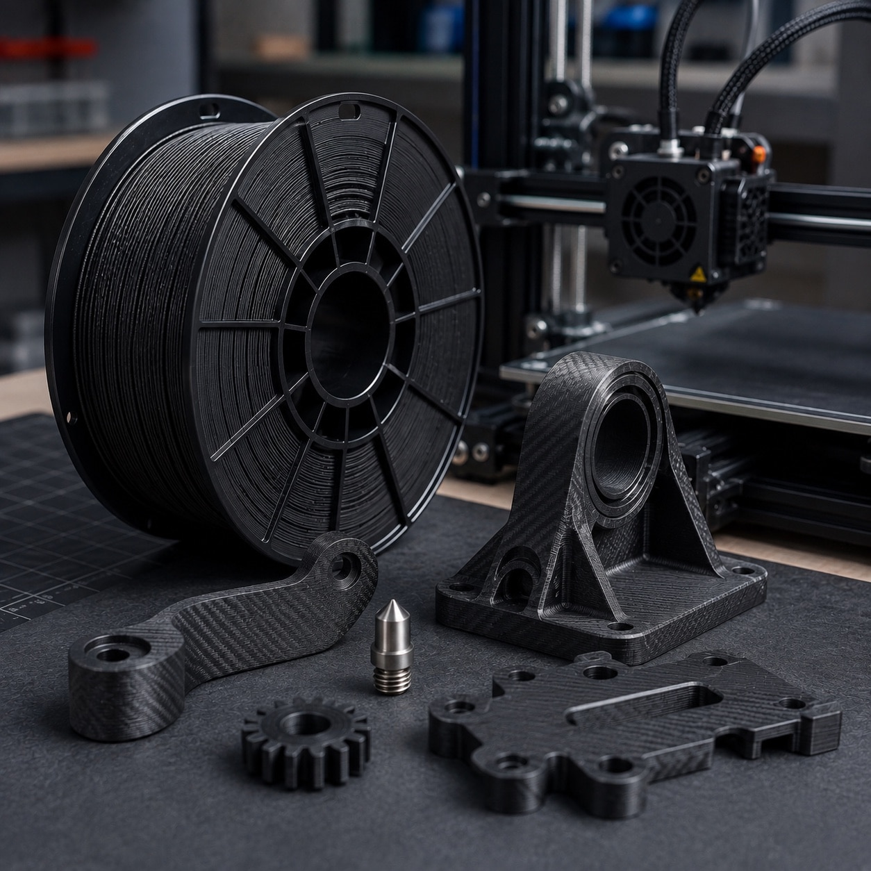 Bobina de filamento de policarbonato y pieza técnica impresa en 3D