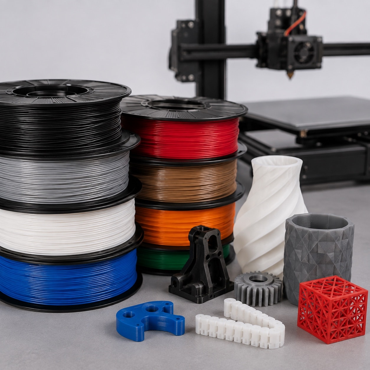 Accesorios y componentes CNC organizados sobre un banco de taller