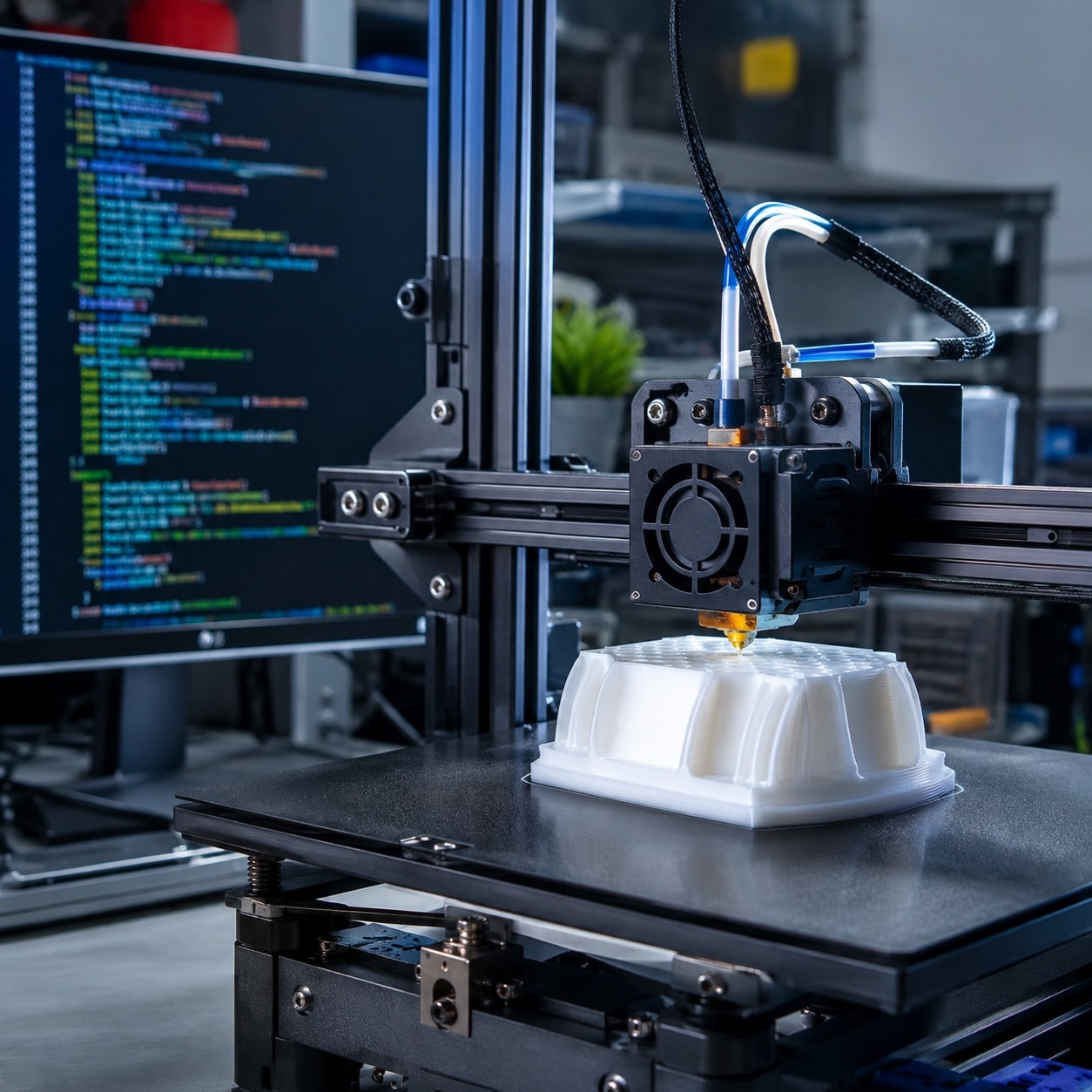 Impresora 3D ejecutando instrucciones G-code mostradas en una pantalla