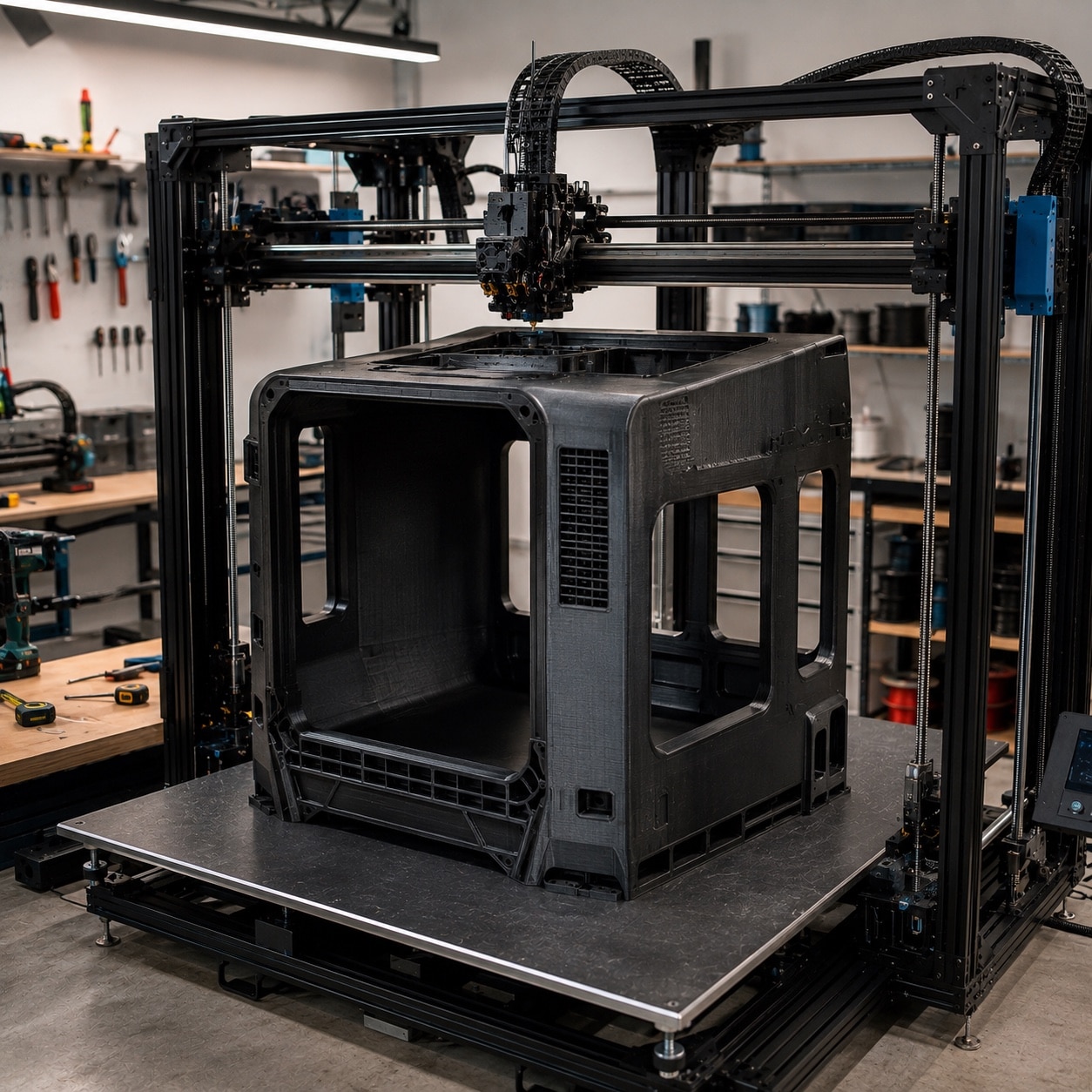 Impresora 3D de gran formato fabricando una pieza volumétrica sobre una cama de gran tamaño