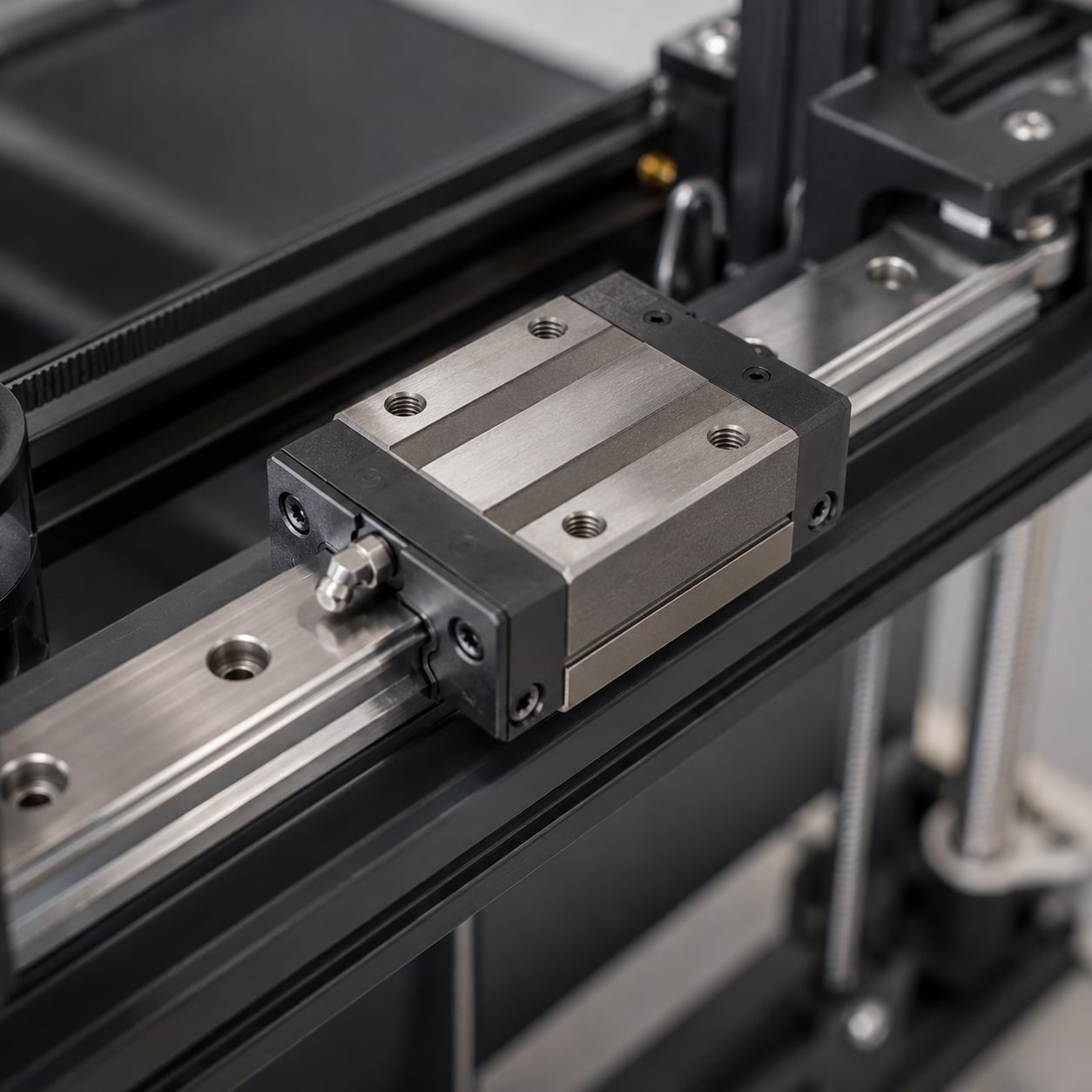 Guía lineal con rail y patín instalada en una impresora 3D