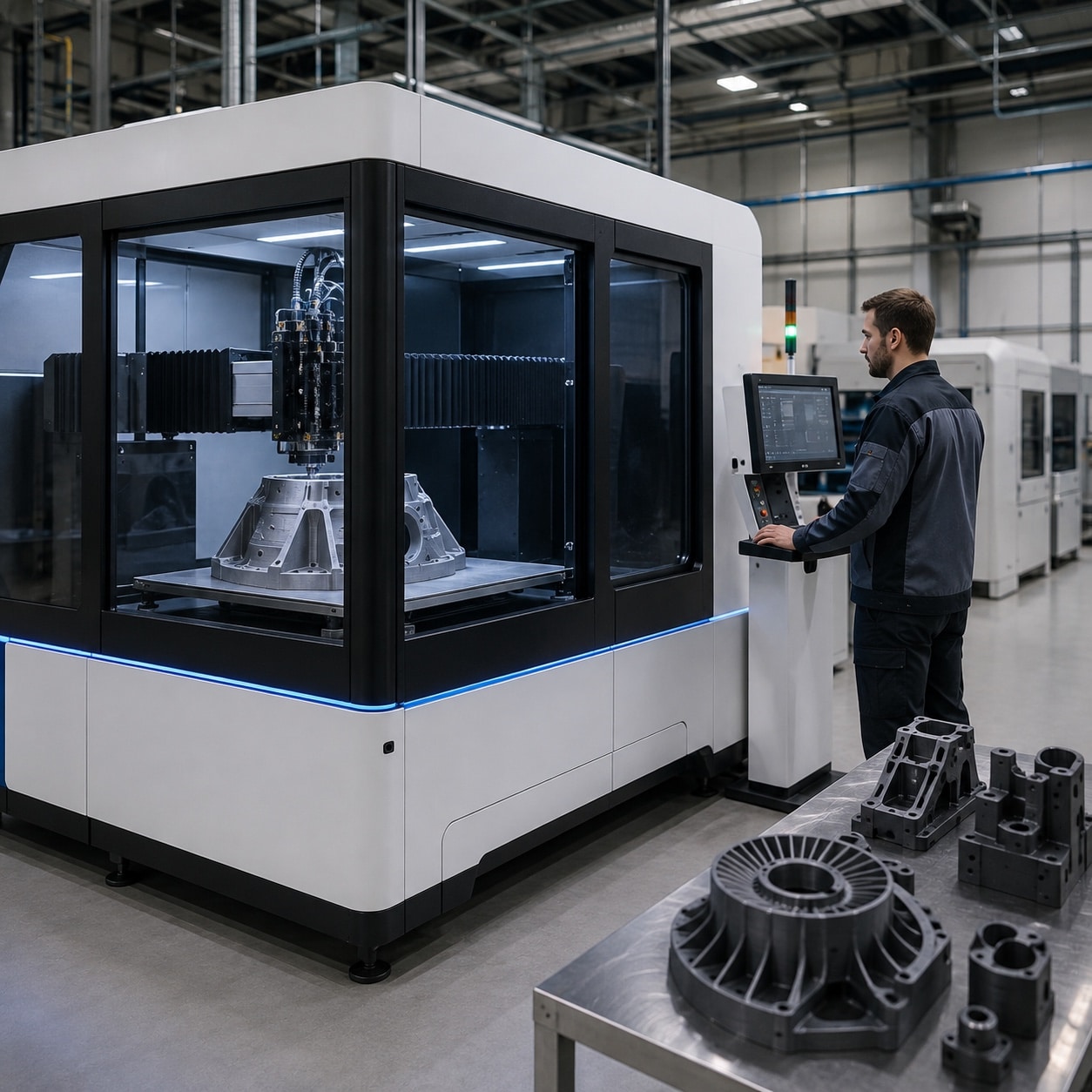 Impresora 3D industrial en una planta de fabricación aditiva