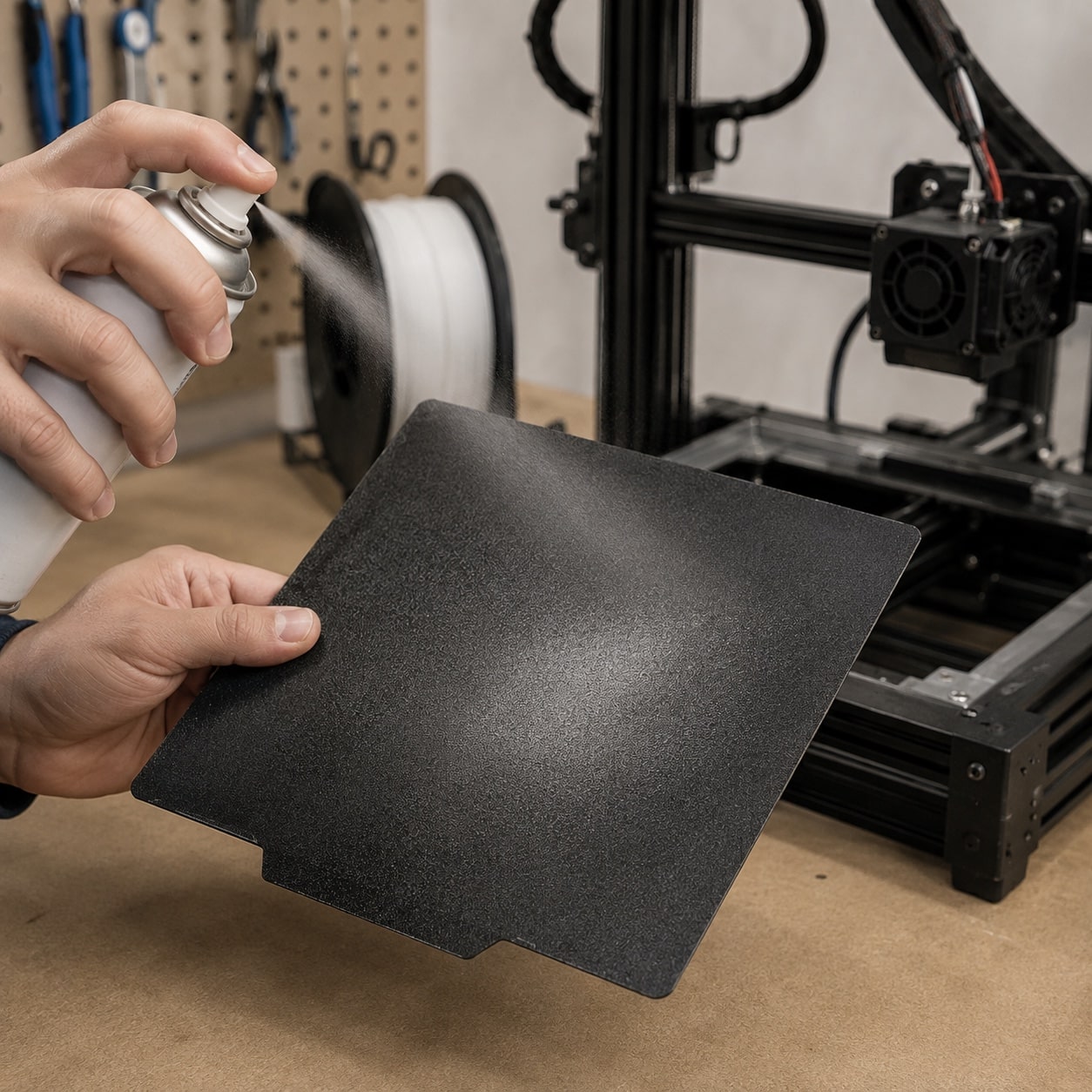 Aplicación de laca adhesiva sobre una cama de impresión 3D extraíble