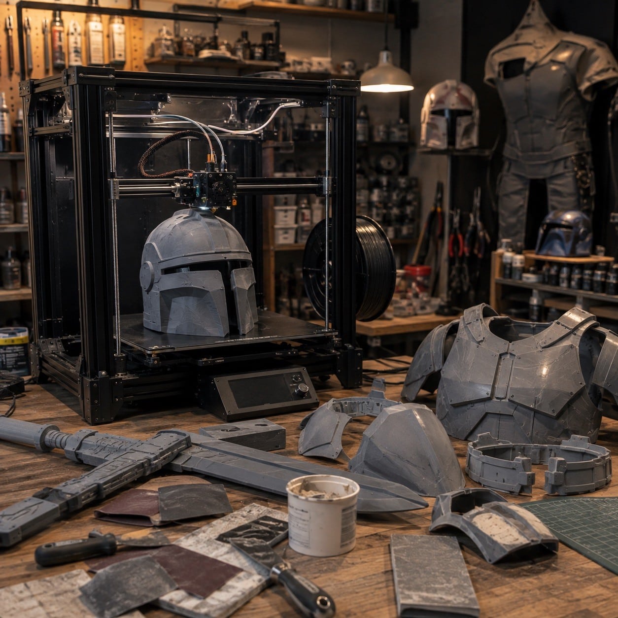 Impresora 3D de gran formato creando un casco y piezas de cosplay