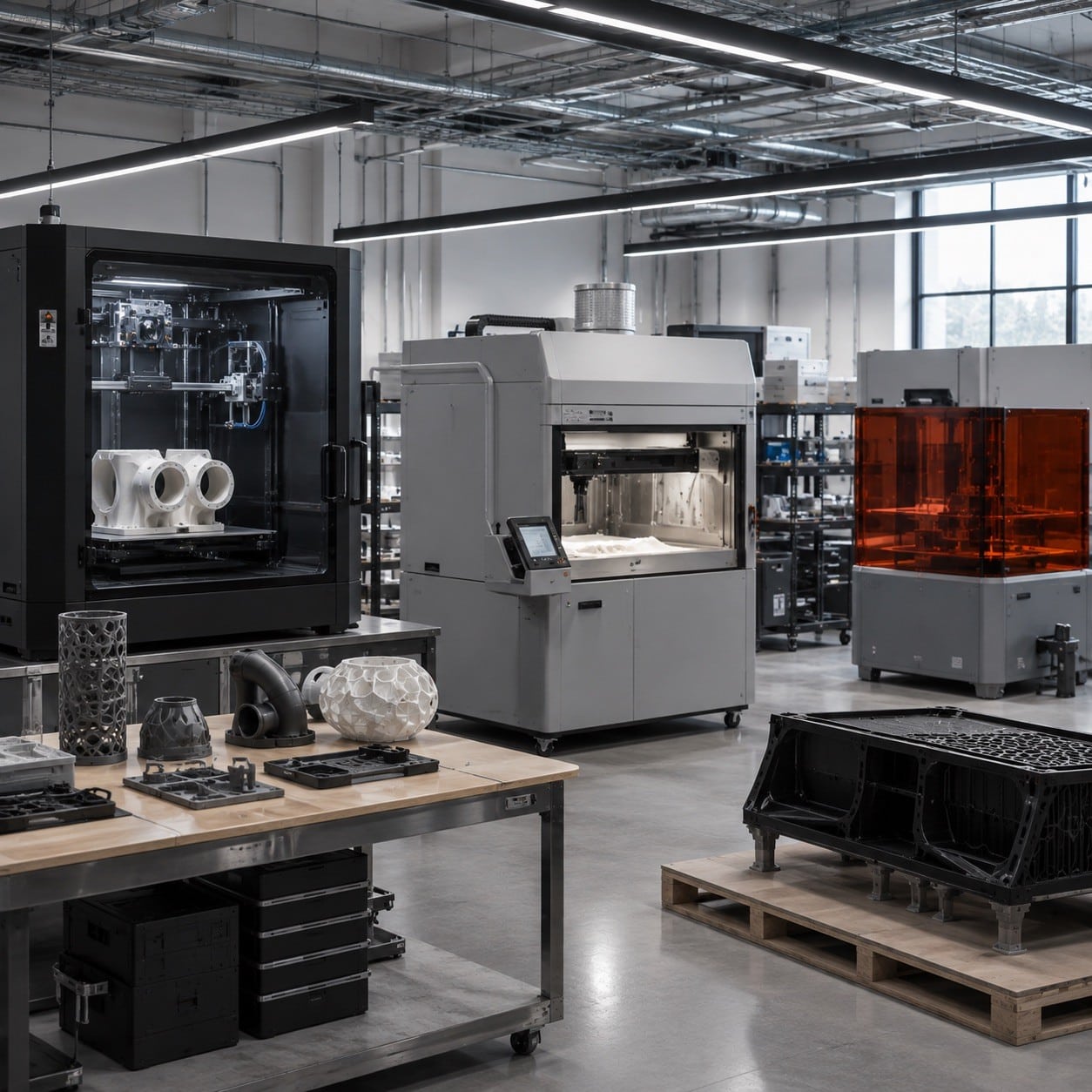 Impresoras 3D industriales de distintas tecnologías en un entorno de producción