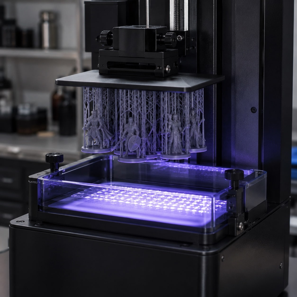 Impresora 3D MSLA con pantalla LCD curando una capa de resina