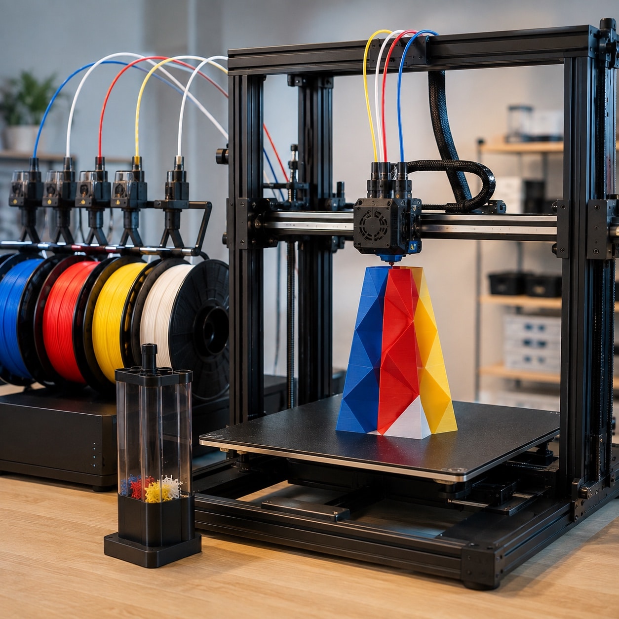 Impresora 3D multicolor creando una pieza con varios colores